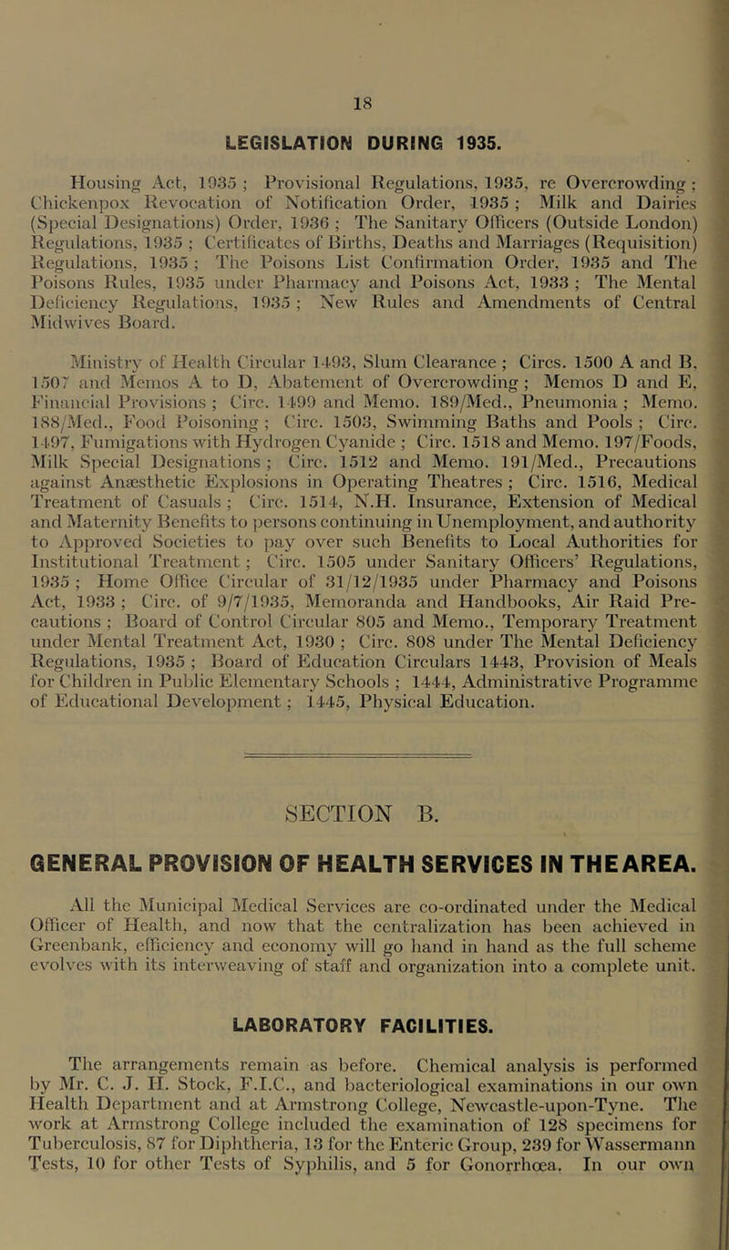LEGISLATION DURING 1935. Housing Act, 1935 ; Provisional Regulations, 1935, re Overcrowding ; Chickenpox Revocation of Notification Oixler, 1935 ; Milk and Dairies (Special Designations) Order, 1936 ; The Sanitary OlFieers (Outside London) Regulations, 1935 ; Certificates of Births, Deaths and Marriages (Requisition) Regulations, 1935 ; The Poisons List Confirmation Order, 1935 and The Poisons Rules, 1935 under Pharmacy and Poisons Act, 1933 ; The Mental Deficiency Regulations, 1935; New Rules and Amendments of Central Midwives Board. Ministry of Health Circular 1493, Slum Clearance ; Circs. 1500 A and B, 1507 and Memos A to D, Abatement of Overcrowding; Memos D and E, Financial Provisions ; Circ. 1499 and Memo. 189/Med., Pneumonia ; Memo. 188/Med., Food Poisoning ; Circ. 1503, Swimming Baths and Pools ; Circ. 1497, Fumigations with Hydrogen Cyanide ; Circ. 1518 and Memo. 197/Foods, Milk Special Designations ; Circ. 1512 and Memo. 191/Med., Precautions against Anaesthetic Explosions in Operating Theatres ; Circ. 1516, Medical Treatment of Casuals ; Circ. 1514, N.H. Insurance, Extension of Medieal and Matei’nity Benefits to persons continuing in Unemployment, and authority to Approved Societies to pay over such Benefits to Local Authorities for Institutional Treatment; Circ. 1505 under Sanitary Officers’ Regulations, 1935 ; Home Office Circular of 31/12/1935 under Pharmacy and Poisons Act, 1933; Circ. of 9/7/1935, Memoranda and Handbooks, Air Raid Pre- eautions ; Board of Control Circular 805 and Memo., Temporary Treatment under Mental Treatment Act, 1930 ; Circ. 808 under The Mental Defieieney Regulations, 1935 ; Board of Edueation Cireulars 1443, Provision of Meals for Children in Public Elementary Sehools ; 1444, Administrative Programme of Educational Development; 1445, Physical Education. SECTION B. GENERAL PROVISION OF HEALTH SERVICES IN THEAREA. All the Municipal Medical Services are co-ordinated under the Medical Officer of Health, and now that the centralization has been achieved in Grecnbank, efficiency and economy will go hand in hand as the full seheme evolves with its interweaving of staff and organization into a eomplete unit. LABORATORY FACILITIES. The arrangements remain as before. Chemical analysis is performed by Mr. C. J. H. Stock, F.I.C., and bacteriological examinations in our own Health Department and at Armstrong College, Newcastle-upon-Tyne. The work at Armstrong College included the examination of 128 speeimens for Tubereulosis, 87 for Diphtheria, 13 for the Enteric Group, 239 for Wassermann Tests, 10 for other Tests of Syphilis, and 5 for Gonorrhoea. In our own