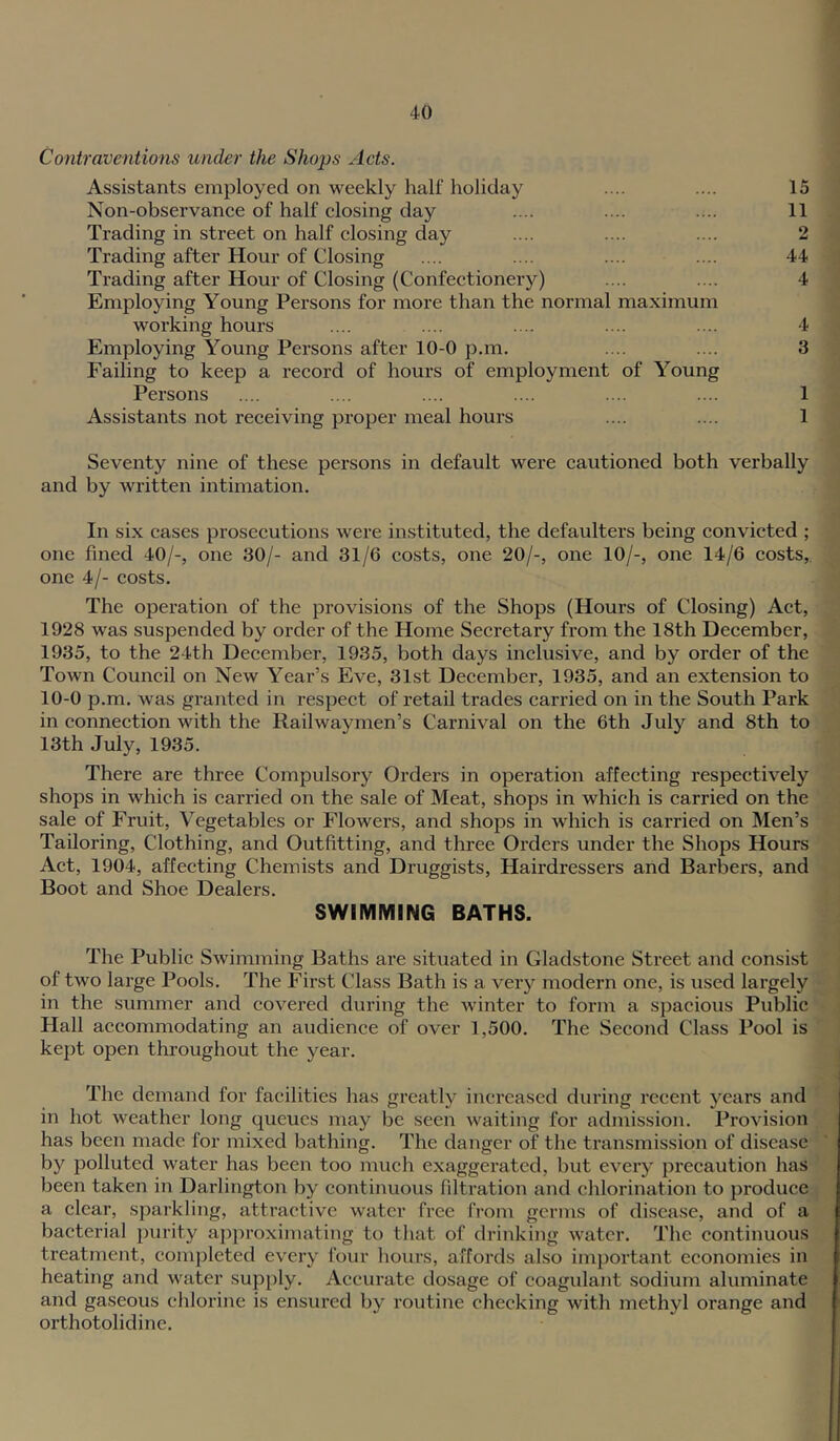 Contraventions under the Shops Acts. Assistants employed on weekly half holiday .... .... 15 Non-observanee of half closing day .... .... .... 11 Trading in street on half closing day .... .... .... 2 Trading after Hour of Closing .... .... .... .... 44 Trading after Hour of Closing (Confectionery) .... .... 4 Employing Young Persons for more than the normal maximum working hours .... .... .... .... .... 4 Employing Young Persons after 10-0 p.m. .... .... 3 Failing to keep a record of hours of employment of Young Persons .... .... .... .... .... .... 1 Assistants not receiving proper meal hours .... .... 1 Seventy nine of these persons in default were cautioned both verbally and by written intimation. In six cases prosecutions were in.stituted, the defaulters being convicted ; one fined 40/-, one 30/- and 31/6 costs, one 20/-, one 10/-, one 14/6 costs, one 4/- costs. The operation of the provisions of the Shops (Hours of Closing) Act, 1928 was suspended by order of the Home Secretary from the 18th December, 1935, to the 24th December, 1935, both days inclusive, and by order of the Town Council on New Year’s Eve, 31st December, 1935, and an extension to 10-0 p.m. was granted in respect of retail trades carried on in the South Park in connection with the Railwaymen’s Carnival on the 6th July and 8th to 13th July, 1935. There are three Compulsory Orders in operation affecting respectively shops in which is carried on the sale of Meat, shops in which is carried on the sale of Fruit, Vegetables or PJowers, and shops in which is carried on Men’s Tailoring, Clothing, and Outfitting, and three Orders under the Shops Hours Act, 1904, affecting Chemists and Druggists, Hairdressers and Barbers, and Boot and Shoe Dealers. SWIMMING BATHS. li The Public Swimming Baths are situated in Gladstone Street and consist * : of two large Pools. The First Class Bath is a very modern one, is used largely in the summer and covered during the winter to form a spacious Public Hall accommodating an audience of over 1,500. The Second Class Pool is'' , kept open throughout the year. The demand for facilities has greatly increased during recent years and • in hot weather long queues may be seen waiting for admission. Provision ^ has been made for mixed bathing. The danger of the transmission of disease ‘ * by polluted water has been too much exaggerated, but every precaution has ’1 been taken in Darlington by continuous filtration and chlorination to produce;} a clear, sparkling, attractive water free fronr germs of disease, and of a bacterial purity aj^proximating to that of drinking water. The continuous treatment, completed every four hours, affords also important economies in heating and water supply. Accurate dosage of coagulant sodium aluminate and gaseous chlorine is ensured by routine checking with methyl orange and orthotolidine.