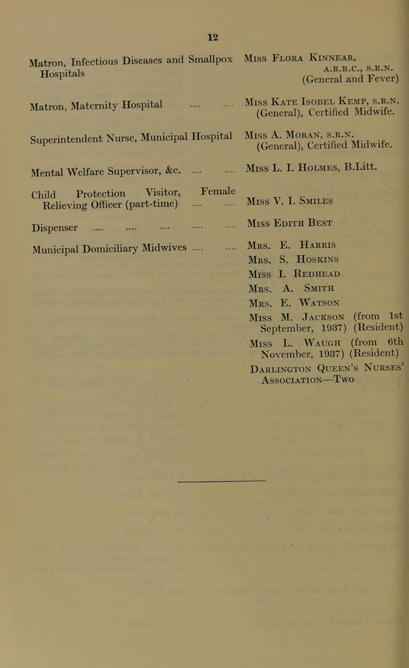Matron, Infectious Diseases and Smallpox Hospitals Matron, Maternity Hospital Superintendent Nurse, Municipal Hospital Mental Welfare Supervisor, &c Child Protection Visitor, Female Relieving Officer (part-time) Dispenser Municipal Domiciliary Midwives Miss Flora Kinnear, A.R.R.C., S.R.N. (General and Fever) Miss Kate Isobel Kemp, s.r.n. (General), Certified Midwife. Miss A. Moran, s.r.n. (General), Certified Midwife. Miss L. I. Holmes, B.Litt. Miss V. I. Smiles Miss Edith Best Mrs. E. Harris Mrs. S. Hoskins Miss I. Redhead Mrs. a. Smith Mrs. E. Watson Miss M. Jackson (from 1st September, 1937) (Resident) Miss L. Waugh (from 6th November, 1937) (Resident) Darlington Queen’s Nurses’ Association—Two