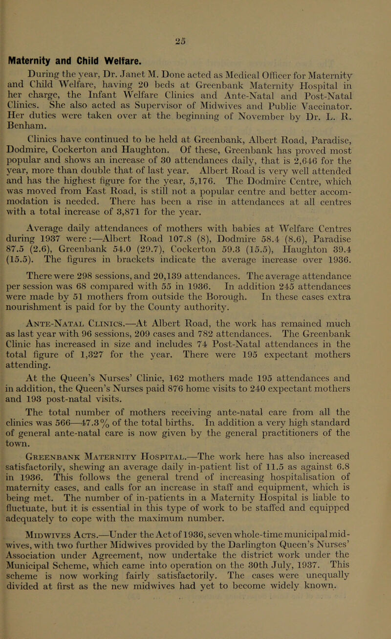 Maternity and Child Welfare. During the year, Dr. Janet M. Done aeted as Medical OlTicer for Maternity and Child Welfare, having 20 beds at Greenbank Maternity Hospital in her eharge, the Infant Welfare Clinics and Ante-Natal and Post-Natal Clinics. She also acted as Supervisor of Midwives and Public Vaccinator. Her duties were taken over at the beginning of November by Dr. L. R. Benham. Clinics have continued to be held at Greenbank, Albert Road, Paradise, Dodmire, Cockerton and Haughton. Of these, Greenbank has proved most popular and shows an increase of 30 attendances daily, that is 2,646 for the year, more than double that of last year. Albert Road is very well attended and has the highest figure for the year, 5,176. The Dodmire Centre, which was moved from East Road, is still not a popular centre and better accom- modation is needed. There has been a rise in attendances at all centres with a total increase of 3,871 for the year. Average daily attendances of mothers with babies at Welfare Centres during 1937 were :—Albert Road 107.8 (8), Dodmire 58.4 (8.6), Paradise 87.5 (2.6), Greenbank 54.0 (29.7), Cockerton 59.3 (15.5), Haughton 39.4 (15.5). The figures in brackets indicate the average increase over 1936. There were 298 sessions, and 20,139 attendances. The average attendance per session was 68 compared with 55 in 1936. In addition 245 attendances were made by 51 mothers from outside the Borough. In these cases extra nourishment is paid for by the County authority. Ante-Natal Clinics.—At Albert Road, the work has remained much as last year with 96 sessions, 209 cases and 782 attendances. The Greenbank Clinic has increased in size and includes 74 Post-Natal attendances in the total figure of 1,327 for the year. There were 195 expectant mothers attending. At the Queen’s Nurses’ Clinic, 162 mothers made 195 attendances and in addition, the Queen’s Nurses paid 876 home visits to 240 expectant mothers and 193 post-natal visits. The total number of mothers receiving ante-natal care from all the clinics was 566—47.3% of the total births. In addition a very high standard of general ante-natal care is now given by the general practitioners of the town. Greenbank Maternity Hospital.—The work here has also increased satisfactorily, shewing an average daily in-patient list of 11.5 as against 6.8 in 1936. This follows the general trend of increasing hospitalisation of maternity cases, and calls for an increase in staff and equipment, which is being met. The number of in-patients in a Maternity Hospital is liable to fluctuate, but it is essential in this type of work to be staffed and equipped adequately to cope with the maximum number. Mid wives Acts.—Under the Act of 1936, seven whole-time municipal mid- wives, with two further Midwives provided by the Darlington Queen’s Nurses’ Association under Agreement, now undertake the district work under the Municipal Scheme, which came into operation on the 30th July, 1937. This scheme is now working fairly satisfactorily. The cases were unequally divided at first as the new midwives had yet to become widely known.