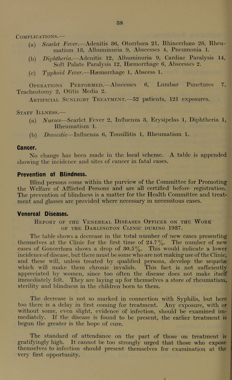 Complications.— (a) Scarlet Fever.—Adenitis 36, Otorrhoea 21, Rhinorrhoea 26, Rheu- matism 13, Albuminuria 9, Abscesses 4, Pneumonia 1. (b) Diphtheria.—Adenitis 12, Albuminuria 9, Cardiac Paralysis 14, Soft Palate Paralysis 12, Haemorrhage 6, Abscesses 2. (c) Typhoid Fever.—Haemorrhage 1, Abscess 1. Operations Performed.—Abscesses 6, Lumbar Punctures 7, Tracheotomy 2, Otitis Media 2. Artificial Sunlight Treatment.—52 patients, 121 exposures. Staff Illness.— (a) Nurses—Scarlet Fever 2, Influenza 3, Erysipelas 1, Diphtheria 1, Rheumatism 1. (b) Influenza 6, Tonsillitis 1, Rheumatism 1. Cancer. No change has been made in the local scheme. A table is appended showing the incidence and sites of cancer in fatal cases. Prevention of Blindness. Blind persons come within the purview of the Committee for Promoting the Welfare of Afflicted Persons and are all certified before registration. The prevention of blindness is a matter for the Health Committee and treat- ment and glasses are provided where necessary in necessitous cases. Venereal Diseases. Report of the Venereal Diseases Officer on the Work OF THE Darlington Clinic during 1937. The table shows a decrease in the total number of new cases presenting themselves at the Clinic for the first time of 24.7%. The number of new cases of Gonorrhcea shows a drop of 30.5%. This would indicate a lower incidence of disease, but there must be some who are not making use of the Clinic, and these will, unless treated by qualified persons, develop the sequelae which will make them chronic invalids. This fact is not sufficiently appreciated by women, since too often the disease does not make itself immediately felt. They are laying up for themselves a store of rheumatism, sterility and blindness in the children born to them. The decrease is not so marked in connection with Syphilis, but here too there is a delay in first coming for treatment. Any exposure, with or without some, even slight, evidence of infection, should be examined im- mediately. If the disease is found to be present, the earlier treatment is begun the greater is the hope of cure. The standard of attendance on the part of those on treatment is gratifyingly high. It cannot be too strongly urged that those who expose themselves to infection should present themselves for examination at the very first opportunity.