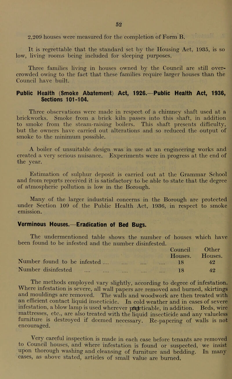 2,209 houses were measured for the completion of Form B. It is regrettable that the standard set by the Housing Act, 1935, is so low, living rooms being included for sleeping purposes. Three families living in houses owned by the Council are still over- crowded owing to the fact that these families require larger houses than the Council have built. Public Health (Smoke Abatement) Act, 1926.^—Public Health Act, 1936, Sections 101-104. Three observations were made in respect of a chimney shaft used at a brickworks. Smoke from a brick kiln passes into this shaft, in addition to smoke from the steam-raising boilers. This shaft presents difficulty, but the owners have carried out alterations and so reduced the output of smoke to the minimum possible. A boiler of unsuitable design was in use at an engineering works and created a very serious nuisance. Experiments were in progress at the end of the year. Estimation of sulphur deposit is carried out at the Grammar School and from repojts received it is satisfactory to be able to state that the degree of atmospheric pollution is low in the Borough. Many of the larger industrial concerns in the Borough are protected under Section 109 of the Public Health Act, 1936, in respect to smoke emission. Verminous Houses.—Eradication of Bed Bugs. The undermentioned table shows the number of houses which have been found to be infested and the number disinfested. Council Other Houses. Houses. Number found to be infested 18 42 Number disinfested 18 42 The methods employed vary slightly, according to degree of infestation. Where infestation is severe, all wall papers are removed and burned, skirtings and mouldings are removed. The walls and woodwork are then treated with an efficient contact liquid insecticide. In cold weather and in cases of severe infestation, a blow lamp is used wherever p9^ticable, in addition. Beds, wire mattresses, etc., are also treated with the liquid insecticide and any valueless furniture is destroyed if deemed necessary. Re-papering of walls is not encouraged. Very careful inspection is made in each case before tenants are removed to Council houses, and where infestation is found or suspected, we insist upon thorough washing and cleansing of furniture and bedding. In many cases, as above stated, articles of small value are burned.