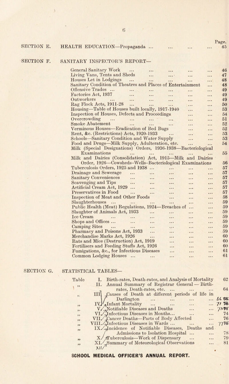 SECTION E. SECTION F. SECTION G. HEALTH EDUCATION—Propaganda ... Page. 45 SANITARY INSPECTOR’S REPORT— General Sanitary Work Living Vans, Tents and Sheds ... ... Houses Let in Lodgings Sanitary Condition of Theatres and Places of Entertainment Offensive Trades ... Factories Act, 1937 Outworkers Rag Flock Acts, 1911-28 Housing—Table of Houses built locally, 1917-1940 Inspection of Houses, Defects and Proceedings Overcrowding Smoke Abatement Verminous Houses—Eradication of Bed Bugs Rent, &c. (Restrictions) Acts, 1920-1933 Schools—Sanitary Condition and Water Supply Food and Drugs—Milk Supply, Adulteration, etc. Milk (Special Designations) Orders, 1936-1938—Bacteriological Examinations Milk and Dairies (Consolidation) Act, 1915—Milk and Dairies Order, 1926—Cowsheds-Wells-Bacteriological Examinations Tuberculosis Orders, 1925 and 1938 ... Drainage and Sewerage Sanitary Conveniences Scavenging and Tips Artificial Cream Act, 1929 ... Preservatives in Food Inspection of Meat and Other Foods Slaughterhouses ... Public Health (Meat) Regulations, 1924—Breaches of Slaughter of Animals Act, 1933 Ice Cream Shops and Offices ... Camping Sites Pharmacy and Poisons Act, 1933 Merchandise Marks Act, 1926 Rats and Mice (Destruction) Act, 1919 Fertilisers and Feeding Stuffs Act, 1926 Fumigations, &c., for Infectious Diseases Common Lodging Houses ... STATISTICAL TABLES- Table I. II. Ill Birth-rates, Death-rates, and Analysis of Mortality Annual Summary of Registrar General — Birth- rates, Death-rates, etc. Causes of Death at different periods of life in 46 47 48 48 49 49 49 50 53 54 51 52 52 53 53 54 55 56 57 57 57 57 57 57 58 59 59 59 59 59 59 59 60 60 60 61 61 62 64 9f j Darlington IVj ^Infant Mortality V/CjNotifiable Diseases and Deaths VI.AInfectious Diseases in Months... Vll/^ancer Deaths—Parts of Body Affected Vlll./^nfectious Diseases in Wards ... IX./^^ncidence of Notifiable Diseases, Deaths and / Admissions to Isolation Hospital ... X.^^uberculosis—Work of Dispensary XI./Summary of Meteorological Observations j.\\r um -Jt m 73^ 74 76 77^ 78 79 81 SCHOOL MEDICAL OFFICER’S ANNUAL REPORT.