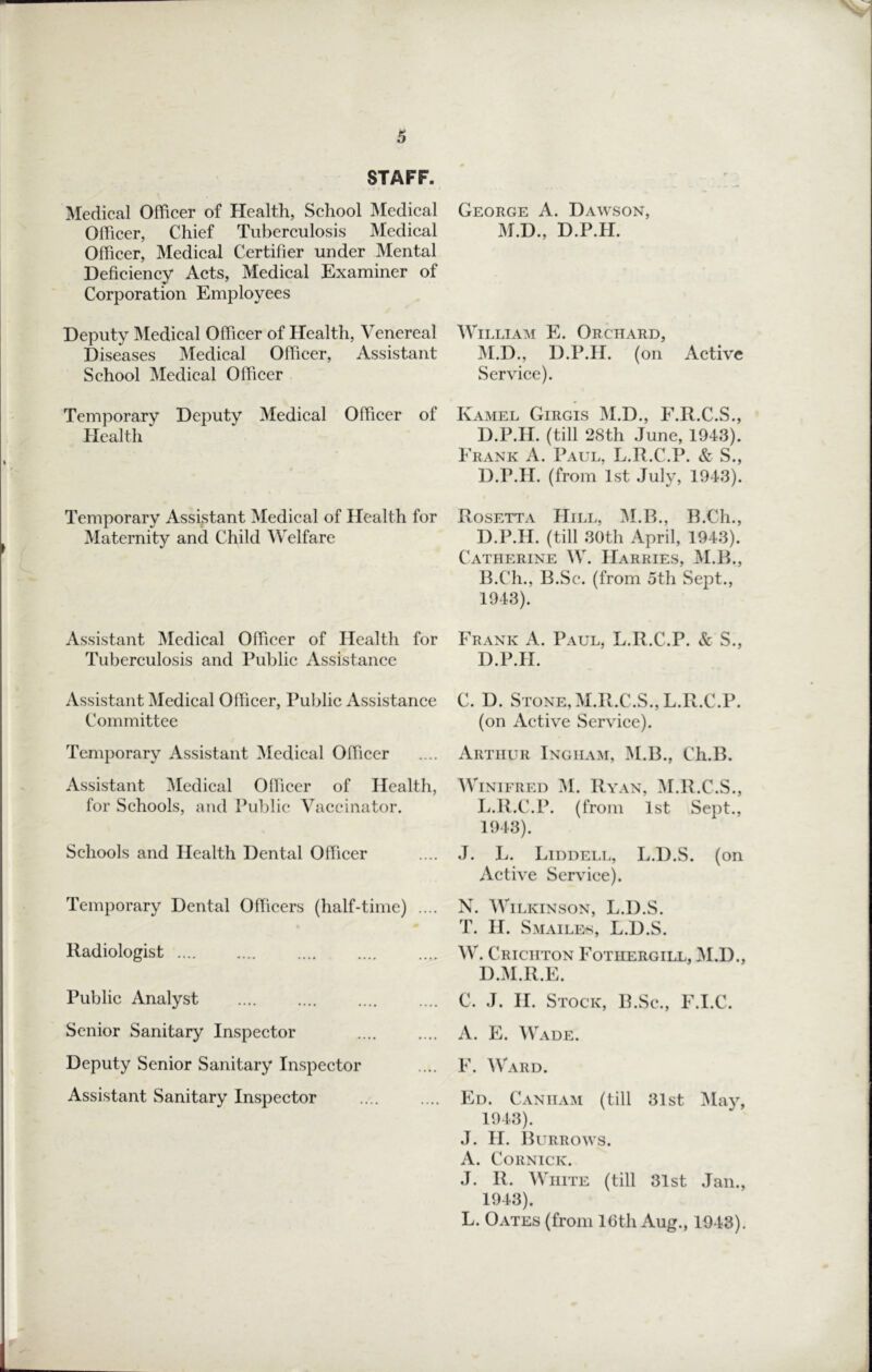 STAFF. Medical Officer of Health, School Medical George A. Dawson, Offiicer, Chief Tuberculosis Medical M.D., D.P.H. Officer, Medical Certifier under Mental Deficiency Acts, Medical Examiner of Corporation Employees Deputy Medical Officer of Health, Venereal William E. Orchard, Diseases Medical Officer, Assistant M.D., D.P.H. (on Active School Medical Officer Service). Temporary Deputy Medical Officer of Kamel Girgis M.D., F.R.C.S., Health D.P.H. (till 28th June, 1943). Frank A. Paul, L.R.C.P. & S., D.P.H. (from 1st July, 1943). Temporary Assistant Medical of Health for Rosetta Hill, IM.B., R.Ch., Maternity and Child Welfare D.P.H. (till 30th April, 1943). Catherine W. Harries, M.R., B.Ch., B.Sc. (from 5th Sept., 1943). Assistant Medical Officer of Health for Tuberculosis and Public Assistance Frank A. Paul, L.R.C.P. & S., D.P.H. Assistant Medical Officer, Public Assistance C. D. Stone, M.R.C.S., L.R.C.P. Committee (on Active Service). Temporary Assistant Medical Officer .... Arthur Ingham, M.B., Ch.B. Assistant Medical Officer of Health, for Schools, and Public Vaccinator. Schools and Health Dental Officer Temporary Dental Ofiicers (half-time) .... Radiologist .... Public Analyst Senior Sanitary Inspector Deputy Senior Sanitary Inspector Assistant Sanitary Inspector Winifred M. Ryan, M.R.C.S., L.R.C.P. (from 1st Sept., 1943). J. L. Liddell, L.D.S. (on Active Service). N. Wilkinson, L.D.S. T. H. Smaile*><, L.D.S. W. Crichton Fothergill, M.D., D.M.R.E. C. J. H. Stock, B.Sc., F.I.C. A. E. Wade. F. Ward. Ed. Can ham (till 31st May, 1943). J. H. ilURROWS. A. CoRNICK. J. R. White (till 31st Jan., 1943). L. Oates (from 16th Aug., 1943).