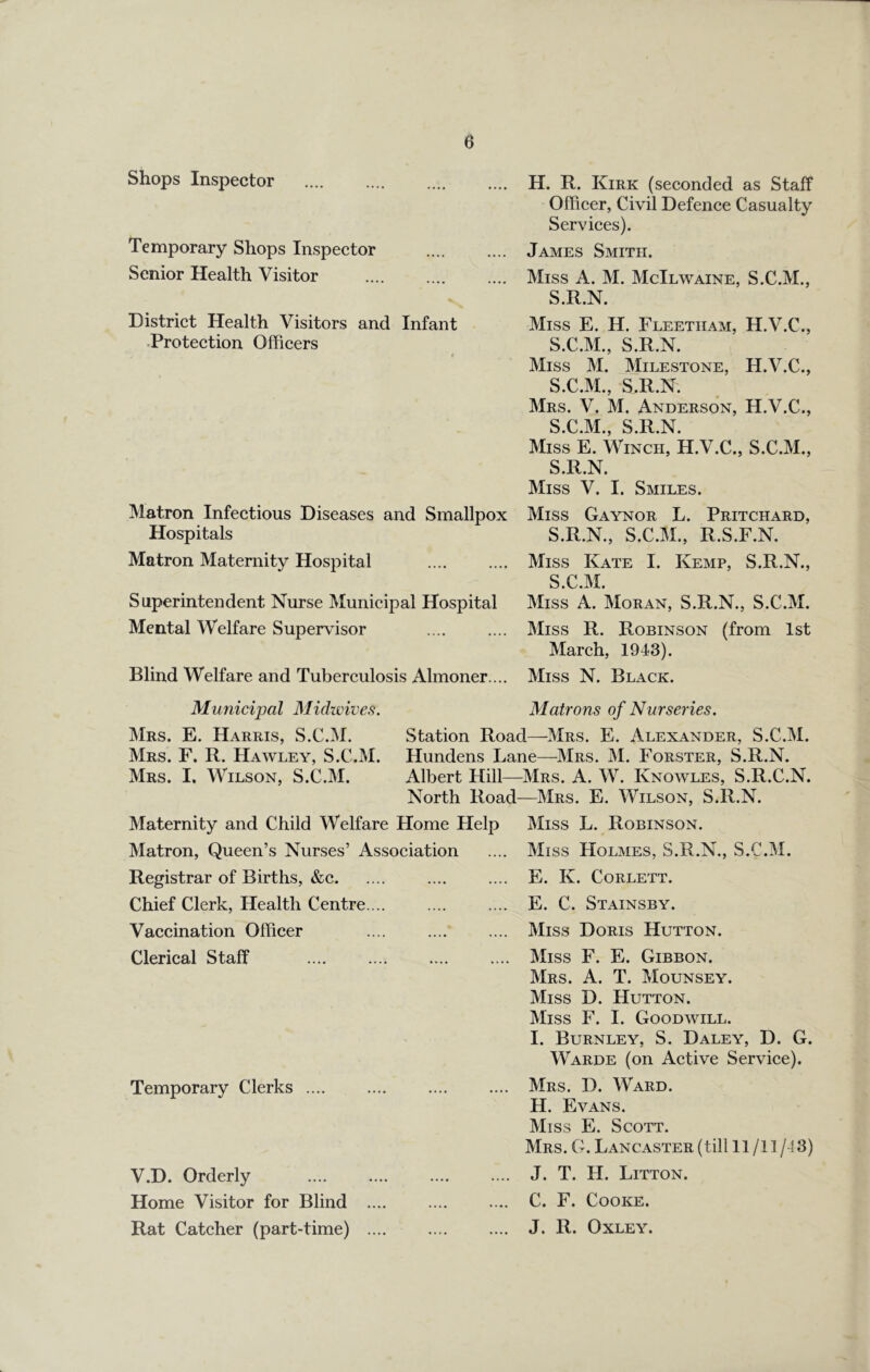 Shops Inspector Temporary Shops Inspector Senior Health Visitor District Health Visitors and Infant .Protection Officers Matron Infectious Diseases and Smallpox Hospitals Matron Maternity Hospital Superintendent Nurse Municipal Hospital Mental Welfare Supervisor Blind Welfare and Tuberculosis Almoner.... H. R. Kirk (seconded as Staff Officer, Civil Defence Casualty Services). James Smith. Miss A. M. McIlwaine, S.C.M., S.R.N. Miss E. H. Fleetham, H.V.C., S.C.M., S.R.N. Miss M. Milestone, H.V.C., S.C.M., S.R.N. Mrs. V. M. Anderson, H.V.C., S.C.M., S.R.N. Miss E. Winch, H.V.C., S.C.M., S.R.N. Miss V. I. Smiles. Miss Gaynor L. Pritchard, S.R.N., S.C.M., R.S.F.N. Miss Kate I. Kemp, S.R.N., S.C.M. Miss A. Moran, S.R.N., S.C.M. Miss R. Robinson (from 1st March, 1943). Miss N. Black. Municipal Midwives. Mrs. E. Harris, S.C.M. Mrs. F. R. Hawley, S.C.M. Mrs. I, Wilson, S.C.M. Matrons of Nurseries. Station Road—Mrs. E. Alexander, S.C.M. Hundens Lane—Mrs. M. Forster, S.R.N. Albert Hill—Mrs. A. W. Knowles, S.R.C.N. North Road—Mrs. E. Wilson, S.R.N. Maternity and Child Welfare Home Help Matron, Queen’s Nurses’ Assoeiation Registrar of Births, &c Chief Clerk, Health Centre.... Vaccination Officer Clerical Staff Temporary Clerks .... V.D. Orderly Home Visitor for Blind Rat Cateher (part-time) Miss L. Robinson. Miss Holmes, S.R.N., S.C.M. E. K. CORLETT. E. C. Stainsby. Miss Doris Hutton. Miss F. E. Gibbon. Mrs. a. T. Mounsey. Miss D. Hutton. Miss F. I. Goodwill. I. Burnley, S. Daley, D. G. Warde (on Active Service). Mrs. D. Ward. H. Evans. Miss E. Scott. Mrs. G. Lancaster (till 11/11/43) J. T. H. Litton. C. F. Cooke. J. R. Oxley.