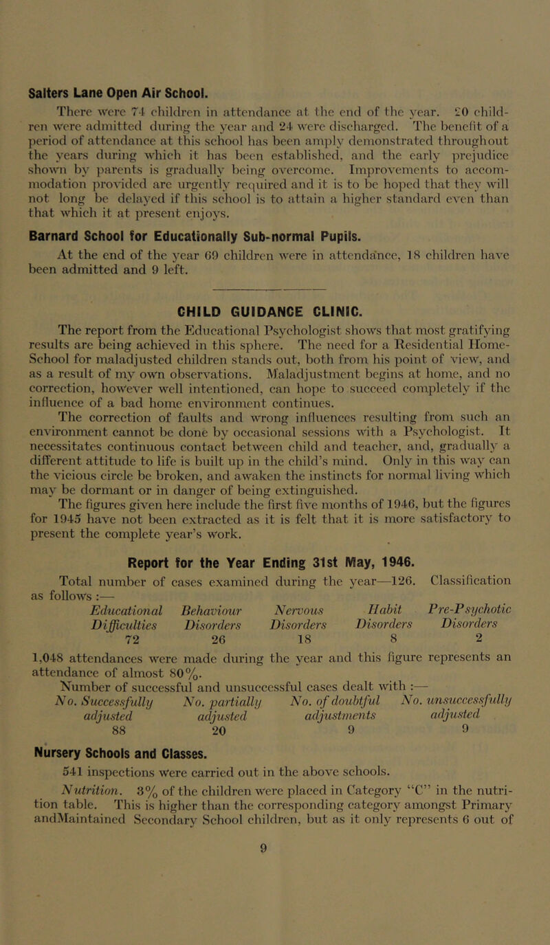 Salters Lane Open Air School. There were 71 eliiklren in attendance at the end of the year. 20 ehild- ren were admitted during the year and were discharged. The benefit of a period of attendanee at this school has been amply demonstrated throughout the years during whieh it has been established, and the early ]weiudice shown by ])arents is gradually being overcome. Improvements to accom- modation provided arc urgently required and it is to be hoped that they will not long be delayed if this sehool is to attain a higher standard even than that whieh it at present enjoys. Barnard School for Educationally Sub-normal Pupils. At the end of the j’^ear 69 children were in attendance, 18 children have been admitted and 9 left. CHILD GUIDANCE CLINIC. The report from the Educational Psychologist shows that most gratifjdng results are being aehieved in this sphere. The need for a Residential Home- Sehool for maladjusted ehildren stands out, both from his point of view, and as a result of my own observations. Maladjustment begins at home, and no correction, however well intentioned, can hope to succeed completely if the influence of a bad home environment eontinues. The correction of faults and wrong influences resulting from such an environment cannot be done by oecasional sessions with a Psychologist. It necessitates eontinuous eontact between child and teacher, and, gradually a different attitude to life is built up in the child’s mind. Only in this way can the vicious circle be broken, and awaken the instinets for normal living whieh may be dormant or in danger of being extinguished. The figures given here inelude the first five months of 1946, but the figures for 1945 have not been extracted as it is felt that it is more satisfaetory to present the complete year’s work. Report for the Year Ending 31st May, 1946. Total number of cases examined during the year—126. Classifieation as follows :— Educational Behaviour Nervous Habit Pre-P sychotic Difficulties Disorders Disorders Disorders Disorders 72 26 18 8 2 1,048 attendanees were made during the year and this figure represents an attendance of almost 80%. Number of sueeessful and unsucecssful cases dealt with :— N0. Successfully No. partially A^o. of doubtful No. unsuccessfully adjusted adjusted adjustments adjusted 88 20 9 9 Nursery Schools and Classes. 541 inspeetions Were carried out in the above sehools, Nutritim. 3% of the ehildren were plaeed in Category “C” in the nutri- tion table. This is higher than the corresponding category amongst Primary andMaintained Seeondary Sehool children, but as it only represents 6 out of