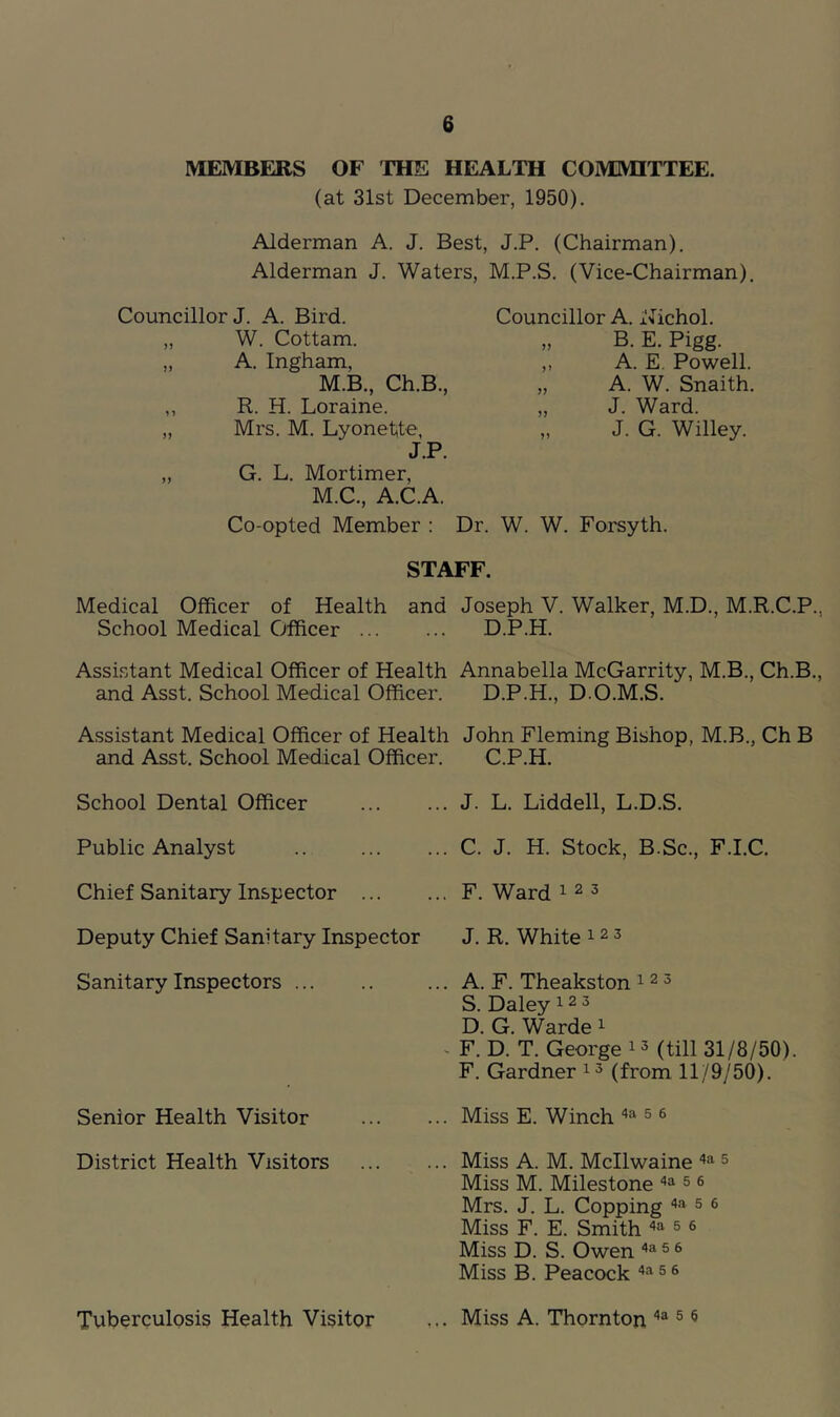 MEMBERS OF THE HEALTH COMMITTEE. (at 31st December, 1950). Alderman A. J. Best, J.P. (Chairman). Alderman J. Waters, M.P.S. (Vice-Chairman). Councillor J. A. Bird. Councillor A. Nichol. W. Cottam. „ B. E. Pigg. ?) A. Ingham, ,, A. E, Powell. M.B., Ch.B., „ A. W. Snaith. y y R. H. Loraine. „ J. Ward. Mrs. M. Lyonette, J.P. „ J. G. Willey. n G. L. Mortimer, M.C., A.C.A. Co-opted Member : Dr. W. W. Forsyth. STAFF. Medical Officer of Health and School Medical Officer Assistant Medical Officer of Health and Asst. School Medical Officer. Assistant Medical Officer of Health and Asst. School Medical Officer. School Dental Officer Public Analyst .. Chief Sanitary Inspector Deputy Chief Sanitary Inspector Sanitary Inspectors Senior Health Visitor District Health Visitors Tuberculosis Health Visitor Joseph V. Walker, M.D., M.R.C.P., D.P.H. Annabella McGarrity, M.B., Ch.B., D.P.H., D.O.M.S. John Fleming Bishop, M.B., Ch B C.P.H. J. L. Liddell, L.D.S. C. J. H. Stock, B.Sc., F.I.C. F. Ward i 2 3 J. R. White 12 3 A. F. Theakston 123 S. Daley 123 D. G. Warde ^ F. D. T. George 1 ^ (till 31/8/50). F. Gardner (from 11/9/50). Miss E. Winch ^ ^ Miss A. M. Mcllwaine ^ Miss M. Milestone ^ 6 Mrs. J. L. Copping ^ e Miss F. E. Smith 5 e Miss D. S. Owen ‘*'‘5 6 Miss B. Peacock ^ 6 Miss A. Thornton ® ^