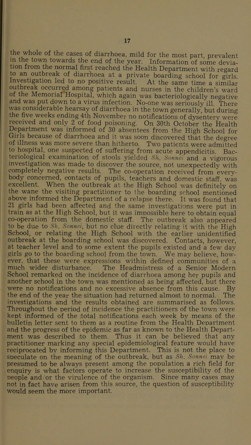 the whole of the cases of diarrhoea, mild for the most part, prevalent in the town towards the end of the year. Information of some devia- tion from the normal first reached the Health Department with regard to an outbreak of diarrhoea at a private boarding school for girls. Investigation led to no positive result. At the same time a similar outbreak occurred among patients and nurses in the children’s ward of the Memorial Hospital, which again was bacteriologically negative and was put down to a virus infection. No-one was seriously ill. There was considerable hearsay of diarrhoea in the town generally, but during the five weeks ending 4th November no notifications of dysentery were received and only 2 of food poisoning. On 30th October the Health Department was informed of 30 absentees from the High School for Girls because of diarrhoea and it was soon discovered that the degree of illness was more severe than hitherto. Two patients were admitted to hospital, one suspected of suffering from acute appendicitis. Bac- teriological examination of stools yielded SJl. Sonnei and a vigorous investigation was made to discover the source, not unexpectedly with completely negative results. The co-operation received from every- body concerned, contacts of pupils, teachers and domestic staff, was excellent. When the outbreak at the High School was definitely on the wane the visiting practitioner to Ihe boarding school mentioned above informed the Department of a relapse there. It was found that 21 girls had been affected and the same investigations were put in train as at the High School, but it was imnossible here to obtain equal co-operation from the domestic staff. The outbreak also appeared to be due to Sh. Sonnei, but no clue directly relating it with the High School, or relating the High School with the earlier unidentified outbreak at the boarding school was discovered. Contacts, however, at teacher level and to some extent the pupils existed and a few day girls go to the boarding school from sthe town. We may believe, how- ever. that these were expressions within defined communities of a much wider disturbance. The Headmistress of a Senior Modern School remarked on the incidence of diarrhoea among her pupils and another school in the town was mentioned as being affected, but there were no notifications and no excessive absence from this cause. By the end of the year the situation had returned almost to normal. The investigations and the results obtained are summarised as follows. Throughout the period of incidence the practitioners of the town were kept informed of the total notifications each week by means of the bulletin letter sent to them as a routine from the Health Department and the progress of the epidemic as far as known to the Health Depart- ment was described ito them. Thus it can be believed that any practitioner marking any special epidemiological feature would have reciprocated by informing this Department. This is not the place to speculate on the meaning of the outbreak, but as Sh. Sonnei may be presumed to be always present among the population a rich field for enquiry is what factors operate to increase the susceptibility of the people and or the virulence of the organism. Since many cases may not in fact have arisen from this source, the question of susceptibility would seem the more important.