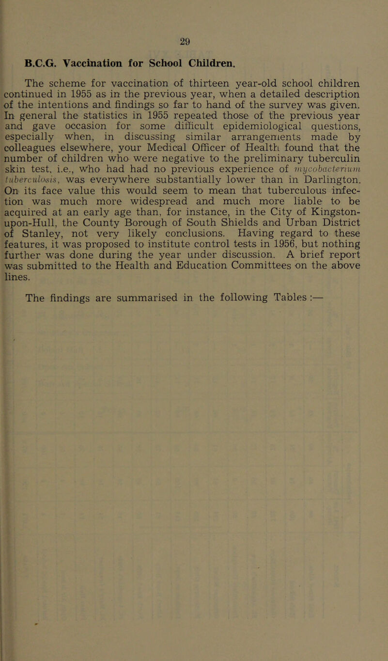 B.C.G. Vaccination for School Children. The scheme for vaccination of thirteen year-old school children continued in 1955 as in the previous year, when a detailed description of the intentions and findings so far to hand of the survey was given. In general the statistics in 1955 repeated those of the previous year and gave occasion for some difficult epidemiological questions, especially when, in discussing similar arrangements made by colleagues elsewhere, your Medical Officer of Healtli found that the number of children who were negative to the preliminary tuberculin skin test, i.e., w'ho had had no previous experience of mycobacUriuni tuberculosis, was everywhere substantially lower than in Darlington. On its face value this would seem to mean that tuberculous infec- tion was much more widespread and much more liable to be acquired at an early age than, for instance, in the City of Kingston- upon-Hull, the County Borough of South Shields and Urban District of Stanley, not very likely conclusdons. Having regard to these features, it was proposed to institute control tests in 1956, but nothing further was done during the year under discussion. A brief report was submitted to the Health and Education Committees on the above lines. The findings are summarised in the following Tables:—