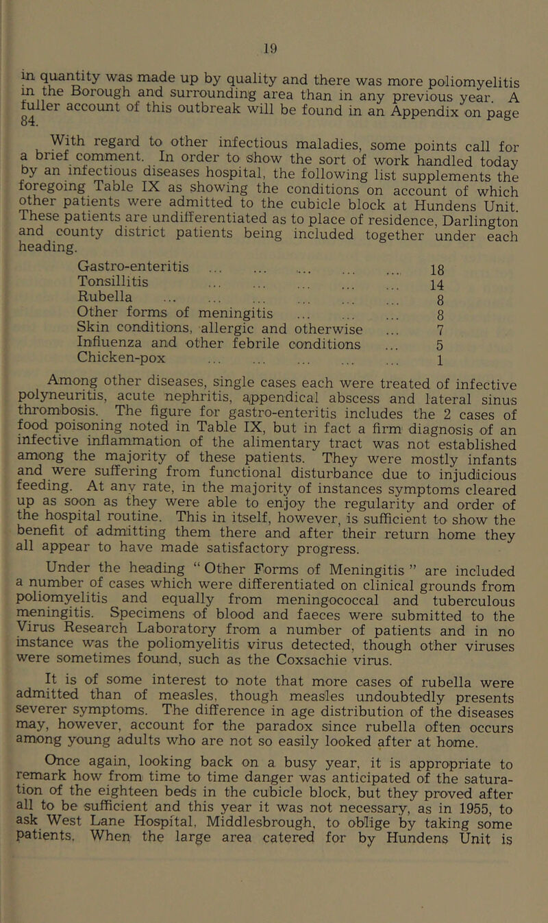 in quar^ity was made up by quality and there was more poliomyelitis in the Borough and surrounding area than in any previous year. A uller account of this outbreak will be found in an Appendix on page With regard to other infectious maladies, some points call for a brief comment. In order to Show the sort of work handled today y an infectious diseases hospital, the following list supplements the foregoing Table IX as showing the conditions on account of which other patients were admitted to the cubicle block at Hundens Unit These patients are undifferentiated as to place of residence, Darlington and county district patients being included together under each heading. Gastro-enteritis 18 Tonsillitis 14 Rubella 8 Other forms of meningitis ... ... ... 8 Skin conditions, allergic and otherwise ... 7 Influenza and other febrile conditions ... 5 Chicken-pox ... ... ... ... ... 1 Among other diseases, single cases each were treated of infective polyneuritis, acute nephritis, a,ppendical abscess and lateral sinus thrombosis. The figure for gastro-enteritis includes the 2 cases of food poisoning noted in Table IX, but in fact a firm- diagnosis of an infective inflanimation of the alimentary tract was not established among the majority of these patients. They were mostly infants and were suffering from functional disturbance due to injudicious feeding. At any rate, in the majority of instances symptoms cleared up as soon as they were able to enjoy the regularity and order of the hospital routine. This in itself, however, is sufficient to show the benefit of admitting them there and after their return home they all appear to have made satisfactory progress. Under the heading “ Other Forms of Meningitis ” are included a number of cases which were differentiated on clinical grounds from poliomyelitis and equally from meningococcal and tuberculous meningitis. Specimens of blood and faeces were submitted to the Virus Research Laboratory from a number of patients and in no instance was the poliomyelitis virus detected, though other viruses were sometimes found, such as the Coxsachie virus. It is of some interest to note that more oases of rubella were admitted than of measles, though measles undoubtedly presents severer symptoms. The difference in age distribution of the diseases may, however, account for the paradox since rubella often occurs among young adults who are not so easily looked after at home. Once again, looking back on a busy year, it is appropriate to remark how from time to time danger was anticipated of the satura- tion of the eighteen beds in the cubicle block, but they proved after all to be sufficient and this year it was not necessary, as in 1955, to ask West Lane Hospi'tal, Middlesbrough, to oblige by taking some patients. When the large area catered for by Hundens Unit is