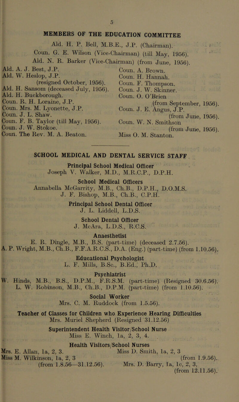 MEMBERS OF THE EDUCATION COMMITTEE Aid. H. P. Bell, J.P. (Chairman). Coun. G. E. Wilson (Vice-Chahman) (till May, 1956). Aid. N. R. Barker (Vice-Chairman) (from June, 1956). Aid. A. J. Best, J.P. Aid. W. Heslop, J.P. (resigned October, 1956). Aid. H. Sansom (deceased July, 1956). Aid. H. Buckborough. Coun. R. H. Loraine, J.P. Coun. Mrs. M. Lyonette, J.P. Coun. J. L. Shaw. Coim. F. B. Taylor (till May, 1956). Comi. J. W. Stokoe. Coim. The Rev. M. A. Beaton. Coun. A. Brown. Coun. H. Hannah. Coun. F. Thompson. Coun. J. W. Skinner. Coun. O. O’Brien (from September, 1956). Coun. J. E. Angus, J.P. (from June, 1956). Coun. W. N. Smithson (from June, 1956). Miss 0. M. Stanton. SCHOOL MEDICAL AND DENTAL SERVICE STAFF. Principal School Medical Officer Joseph V. Walker, M.D., M.R.C.P., D.P.H. School Medical Officers Annabella McGarrity, M.B., Ch.B., D.P.H., D.O.M.S. J. F. Bishop, M.B., Ch.B., C.P.H. Principal School Dental Officer . . J. L. Liddell, L.D.S. School Dental Officer J. McAra, L.D.S., R.C.S. Anaesthetist E. R. Dingle, M.B., B.S. (part-time) (deceased 2.7.66). A. P. Wright, M.B., Ch.B., F.F.A.R.C.S., D.A. (Eng.) (part-time) (from 1.10.56). Educational Psychologist L. F. Mills, B.Sc., B.Ed., Ph.D. Psychiatrist W. Hinds, M.B., B.S., D.P.M., F.R.S.M. (part-time) (Resigned 30.6.56). L. W. Robinson, M.B., Ch.B., D.P.M. (part-time) (from 1.10.56). - Social Worker Mrs. C. M. Ruddock (from 1.5.56). Teacher of Classes for Children who Experience Hearing Difficulties Mrs. Muriel Shepherd (Resigned 31.12.56) Superintendent Health Visitor/School Nurse Miss E. Winch, la, 2, 3, 4. Health Visitors/School Nurses Mrs. E. Allan, la, 2, 3. Miss D. Smith, la, 2, 3 Miss M. Wilkinson, la, 2, 3 (from 1.9.56). (from 1.8.56—31.12.56). Mrs. D. Barry, la, Ic, 2, 3, (from 12.11.56).