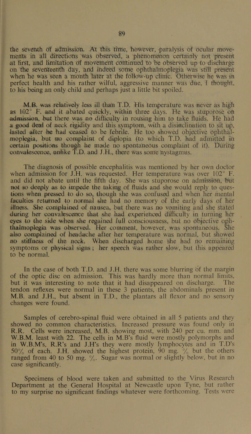 the seventh of admission. At this time, however, paralysis of ocular move- ments in all directions was observed, a phenomenon certainly not present at first, and limitation of movement continued to be observed up to discharge on the seventeenth day, and indeed some ophthalmoplegia was still present when he was seen a month later at the follow-up clinic. Otherwise he was in perfect health and his rather wilful, aggressive manner was due, I thought, to his being an only child and perhaps just a little bit spoiled. M.8. was relativ^y less ill than T.D. His temperature was never as high as 1G2° F. and it abated quickly, within three days. He was stuporose on admission, but there was no difficulty in rousing him to take fluids. He had a good deal of neck rigidity and this symptom, with a disinclination to sit up, lasted after he had 'ceased to be febrile. He too showed objective ophthal- moplegia, but no complaint of diplopia (to which T.D. had admitted in certain positicms though he made no spontaneous complaint of it). During convalescence, unlike T.D. and J.H., there was some nystagmus. The diagnosis of possible encephalitis was mentioned by her own doctor when admission for J.H. was requested. Her temperature was over 102° F. and did not abate until the fifth day. She was stuporose on admission, but not so deeply as to impede the taking of fluids and she would reply to ques- tions when pressed to do so, though she was confused and when her mental faculties returned to normal she had no memory of the early days of her illness. She complained of nausea, hut there was no vomiting and she stated during her convalescence that she had experienced difficulty in turning her eyes to the side when she regained full consciousness, but no objective oph- thalmoplegia was observed. Her comment, however, was spontaneous. She also complained of headache after her temperature was normal, but showed no stiffness of the neck, When discharged home she had no remaining symptoms or physical signs ; her speech was rather slow, but this appeared to be normal. In the case of both T.D. and J.H. there was some blurring of the margin of the optic disc on admission. This was hardly more than normal limits, but it was interesting to note that it had disappeared on discharge. The tendon reflexes were normal in these 3 patients, the abdominals present in M.B. and J.H., but absent in T.D., the plantars all flexor and no sensory changes were found. Samples of cerebro-spinal fluid were obtained in all 5 patients and they showed no common characteristics. Increased pressure was found only in R.R. Cells were increased, M.B. showing most, with 240 per cu. mm. and W.B.M. least with 22. The cells in M.B’s fluid were mostly polymorphs and in W.B.M’s, R.R’s and J.H’s they were mostly lymphocytes and in T.D’s 50% of each. J.H. showed the highest protein, 90 mg. % but the others ranged from 40 to 50 mg. %. Sugar was normal or slightly below, but in no case significantly. Specimens of blood were taken and submitted to the Virus Research Department at the General Hospital at Newcastle upon Tyne, but rather to my surprise no significant findings whatever were forthcoming. Tests were