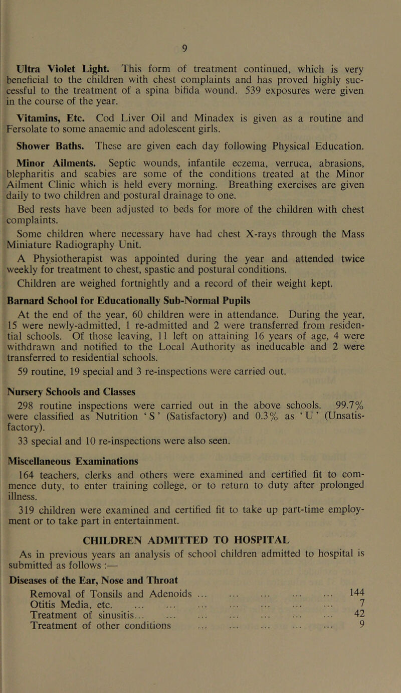 Ultra Violet Light. This form of treatment continued, which is very beneficial to the children with chest complaints and has proved highly suc- cessful to the treatment of a spina bifida wound. 539 exposures were given in the course of the year. Vitamins, Etc. Cod Liver Oil and Minadex is given as a routine and Fersolate to some anaemic and adolescent girls. Shower Baths. These are given each day following Physical Education. Minor Ailments. Septic wounds, infantile eczema, verruca, abrasions, blepharitis and scabies are some of the conditions treated at the Minor Ailment Clinic which is held every morning. Breathing exercises are given daily to two children and postural drainage to one. Bed rests have been adjusted to beds for more of the children with chest complaints. Some children where necessary have had chest X-rays through the Mass Miniature Radiography Unit. A Physiotherapist was appointed during the year and attended twice weekly for treatment to chest, spastic and postural conditions. Children are weighed fortnightly and a record of their weight kept. Barnard School for Educationally Sub-Normal Pupils At the end of the year, 60 children were in attendance. During the year, 15 were newly-admitted, 1 re-admitted and 2 were transferred from residen- tial schools. Of those leaving, 11 left on attaining 16 years of age, 4 were withdrawn and notified to the Local Authority as ineducable and 2 were transferred to residential schools. 59 routine, 19 special and 3 re-inspections were carried out. Nursery Schools and Classes 298 routine inspections were carried out in the above schools. 99.7% were classified as Nutrition ‘S’ (Satisfactory) and 0.3% as ‘U’ (Unsatis- factory). 33 special and 10 re-inspections were also seen. Miscellaneous Examinations 164 teachers, clerks and others were examined and certified fit to com- mence duty, to enter training college, or to return to duty after prolonged illness. 319 children were examined and certified fit to take up part-time employ- ment or to take part in entertainment. CHILDREN ADMITTED TO HOSPITAL As in previous years an analysis of school children admitted to hospital is submitted as follows ;— Diseases of the Ear, Nose and Throat Removal of Tonsils and Adenoids 144 Otitis Media, etc. ... ... ... ... ... ... ••• 2 Treatment of sinusitis 42 Treatment of other conditions 9