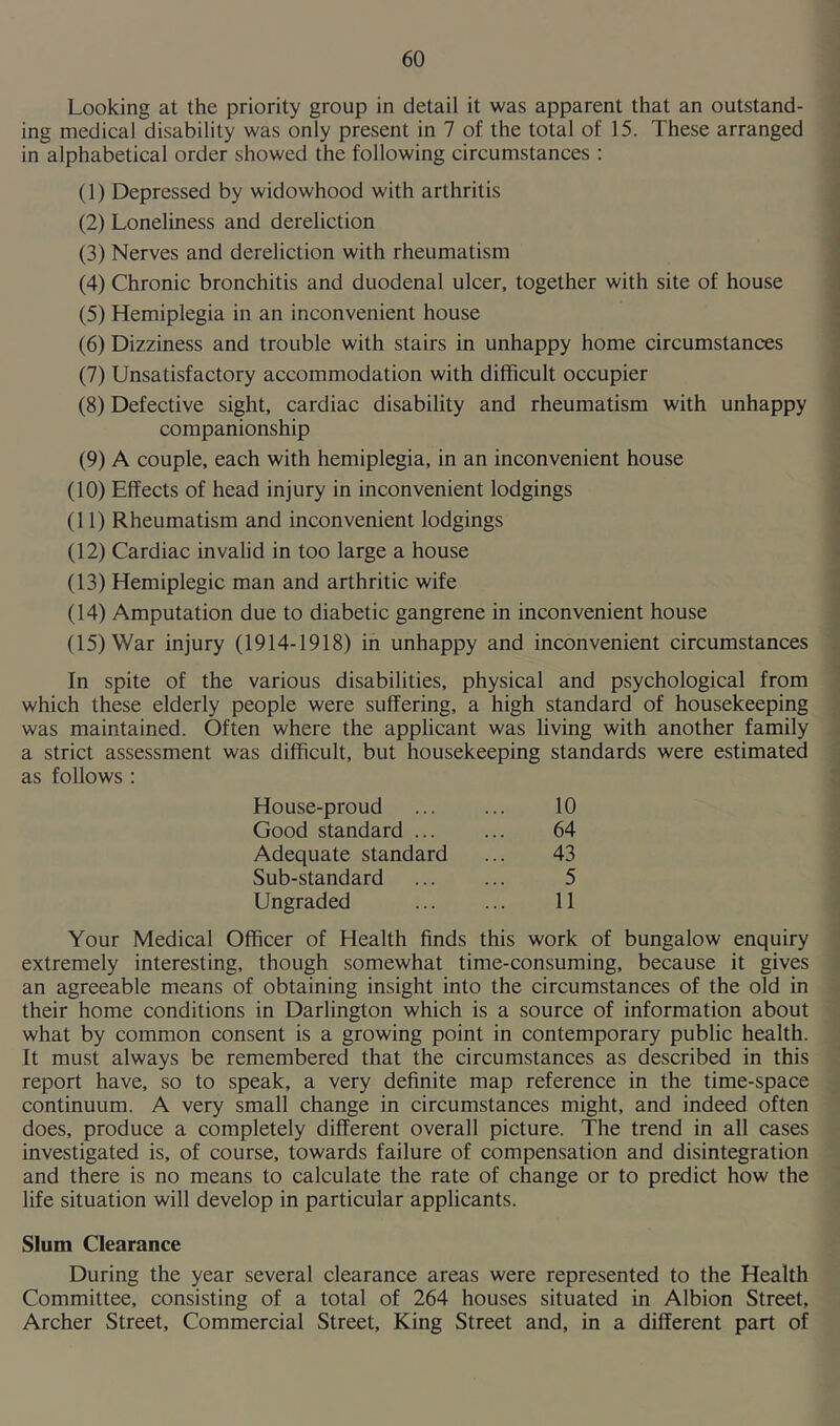 Looking at the priority group in detail it was apparent that an outstand- ing medical disability was only present in 7 of the total of 15. These arranged in alphabetical order showed the following circumstances : (1) Depressed by widowhood with arthritis (2) Loneliness and dereliction (3) Nerves and dereliction with rheumatism (4) Chronic bronchitis and duodenal ulcer, together with site of house (5) Hemiplegia in an inconvenient house (6) Dizziness and trouble with stairs in unhappy home circumstances (7) Unsatisfactory accommodation with difficult occupier (8) Defective sight, cardiac disability and rheumatism with unhappy companionship (9) A couple, each with hemiplegia, in an inconvenient house (10) Effects of head injury in inconvenient lodgings (11) Rheumatism and inconvenient lodgings (12) Cardiac invalid in too large a house (13) Hemiplegic man and arthritic wife (14) Amputation due to diabetic gangrene in inconvenient house (15) War injury (1914-1918) in unhappy and inconvenient circumstances In spite of the various disabilities, physical and psychological from which these elderly people were suffering, a high standard of housekeeping was maintained. Often where the applicant was living with another family a strict assessment was difficult, but housekeeping standards were estimated as follows : House-proud 10 Good standard 64 Adequate standard 43 Sub-standard 5 Ungraded 11 Your Medical Officer of Health finds this work of bungalow enquiry extremely interesting, though somewhat time-consuming, because it gives an agreeable means of obtaining insight into the circumstances of the old in their home conditions in Darlington which is a source of information about what by common consent is a growing point in contemporary public health. It must always be remembered that the circumstances as described in this report have, so to speak, a very definite map reference in the time-space continuum. A very small change in circumstances might, and indeed often does, produce a completely different overall picture. The trend in all cases investigated is, of course, towards failure of compensation and disintegration and there is no means to calculate the rate of change or to predict how the life situation will develop in particular applicants. Slum Clearance During the year several clearance areas were represented to the Health Committee, consisting of a total of 264 houses situated in Albion Street, Archer Street, Commercial Street, King Street and, in a different part of