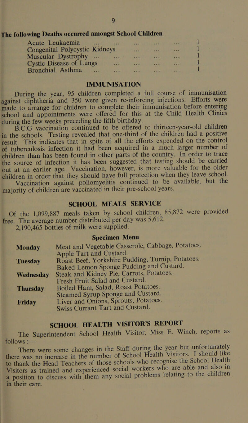The following Deaths occurred amongst School Children Acute Leukaemia Congenital Polycystic Kidneys 1 Muscular Dystrophy Cystic Disease of Lungs Bronchial Asthma ... ... ... 1 IMMUNISATION During the year, 95 children completed a full course of immunisation against diphtheria and 350 were given re-inforcing injections. Efforts were made to arrange for children to complete their immunisation before entering school and appointments were offered for this at the Child Health Clinics during the few weeks preceding the fifth birthday. B.C.G vaccination continued to be offered to thirteen-year-old children in the schools. Testing revealed that one-third of the children had a positive result. This indicates that in spite of all the efforts expended on the control of tuberculosis infection it had been acquired in a much larger number of children than has been found in other parts of the country. In order to trace the source of infection it has been suggested that testing should be carried out at an earlier age. Vaccination, however, is more valuable for the older children in order that they should have full protection when they leave school. Vaccination against poliomyelitis continued to be available, but the majority of children are vaccinated in their pre-school years. SCHOOL MEALS SERVICE Of the 1,099,887 meals taken by school children, 85,872 were provided free. The average number distributed per day was 5,612. 2,190,465 bottles of milk were supplied. Monday Tuesday Wednesday Thursday Friday Specimen Menu Meat and Vegetable Casserole, Cabbage, Potatoes. Apple Tart and Custard. Roast Beef, Yorkshire Pudding, Turnip, Potatoes. Baked Lemon Sponge Pudding and Custard. Steak and Kidney Pie, Carrots, Potatoes. Fresh Fruit Salad and Custard. Boiled Ham, Salad, Roast Potatoes. Steamed Syrup Sponge and Custard. Liver and Onions, Sprouts, Potatoes. Swiss Currant Tart and Custard. SCHOOL HEALTH VISITOR’S REPORT The Superintendent School Health Visitor, Miss E. Winch, reports as follows:— There were some changes in the Staff during the year but unfortunately there was no increase in the number of School Health Visitors s ou 1 , to thank the Head Teachers of those schools who recognise the School Health Visitors as trained and experienced social workers who are able and a so in a position to discuss with them any social problems relating to e c in their care.