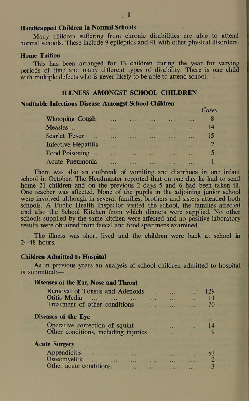 Handicapped Children in Normal Schools Many children suffering from chronic disabilities are able to attend normal schools. These include 9 epileptics and 41 with other physical disorders. Home Tuition This has been arranged for 13 children during the year for varying periods of time and many different types of disability. There is one child with multiple defects who is never likely to be able to attend school. ILLNESS AMONGST SCHOOL CHILDREN Notifiable Infectious Disease Amongst School Children Cases Whooping Cough 8 Measles 14 Scarlet Fever 15 Infective Hepatitis 2 Food Poisoning 5 Acute Pneumonia 1 There was also an outbreak of vomiting and diarrhoea in one infant school in October. The Headmaster reported that on one day he had to send home 21 children and on the previous 2 days 5 and 6 had been taken ill. One teacher was affected. None of the pupils in the adjoining junior school were involved although in several families, brothers and sisters attended both schools. A Public Health Inspector visited the school, the families affected and also the School Kitchen from which dinners were supplied. No other schools supplied by the same kitchen were affected and no positive laboratory results were obtained from faecal and food specimens examined. The illness was short lived and the children were back at school in 24-48 hours. Children Admitted to Hospital As in previous years an analysis of school children admitted to hospital is submitted:— Diseases of the Ear, Nose and Throat Removal of Tonsils and Adenoids ... 129 Otitis Media 11 Treatment of other conditions 70 Diseases of the Eye Operative correction of squint 14 Other conditions, including injuries ... 9 Acute Surgery Appendicitis 53 Osteomyelitis 2 Other acute conditions 3
