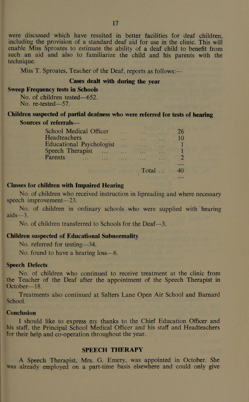 were discussed which have resulted in better facilities for deaf children, including the provision of a standard deaf aid for use in the clinic. This will enable Miss Sproates to estimate the ability of a deaf child to benefit from such an aid and also to familiarize the child and his parents with the technique. Miss T. Sproates, Teacher of the Deaf, reports as follows:— Cases dealt with during the year Sweep Frequency tests in Schools No. of children tested—652. No. re-tested—57. Children suspected of partial deafness who were referred for tests of hearing Sources of referrals— School Medical Officer Headteachers Educational Psychologist Speech Therapist Parents 26 10 1 1 2 Total ... 40 Classes for children with Impaired Hearing No. of children who received instruction in lipreading and where necessary speech improvement—23. No. of children in ordinary schools who were supplied with hearing aids—3. No. of children transferred to Schools for the Deaf—3. Children suspected of Educational Subnormality No. referred for testing—34. No. found to have a hearing loss—6. Speech Defects No. of children who continued to receive treatment at the clinic from the Teacher of the Deaf after the appointment of the Speech Therapist in October—18. Treatments also continued at Salters Lane Open Air School and Barnard School. Conclusion I should like to express my thanks to the Chief Education Officer and his staff, the Principal School Medical Officer and his staff and Headteachers for their help and co-operation throughout the year. SPEECH THERAPY A Speech Therapist, Mrs. G. Emery, was appointed in October. She was already employed on a part-time basis elsewhere and could only give