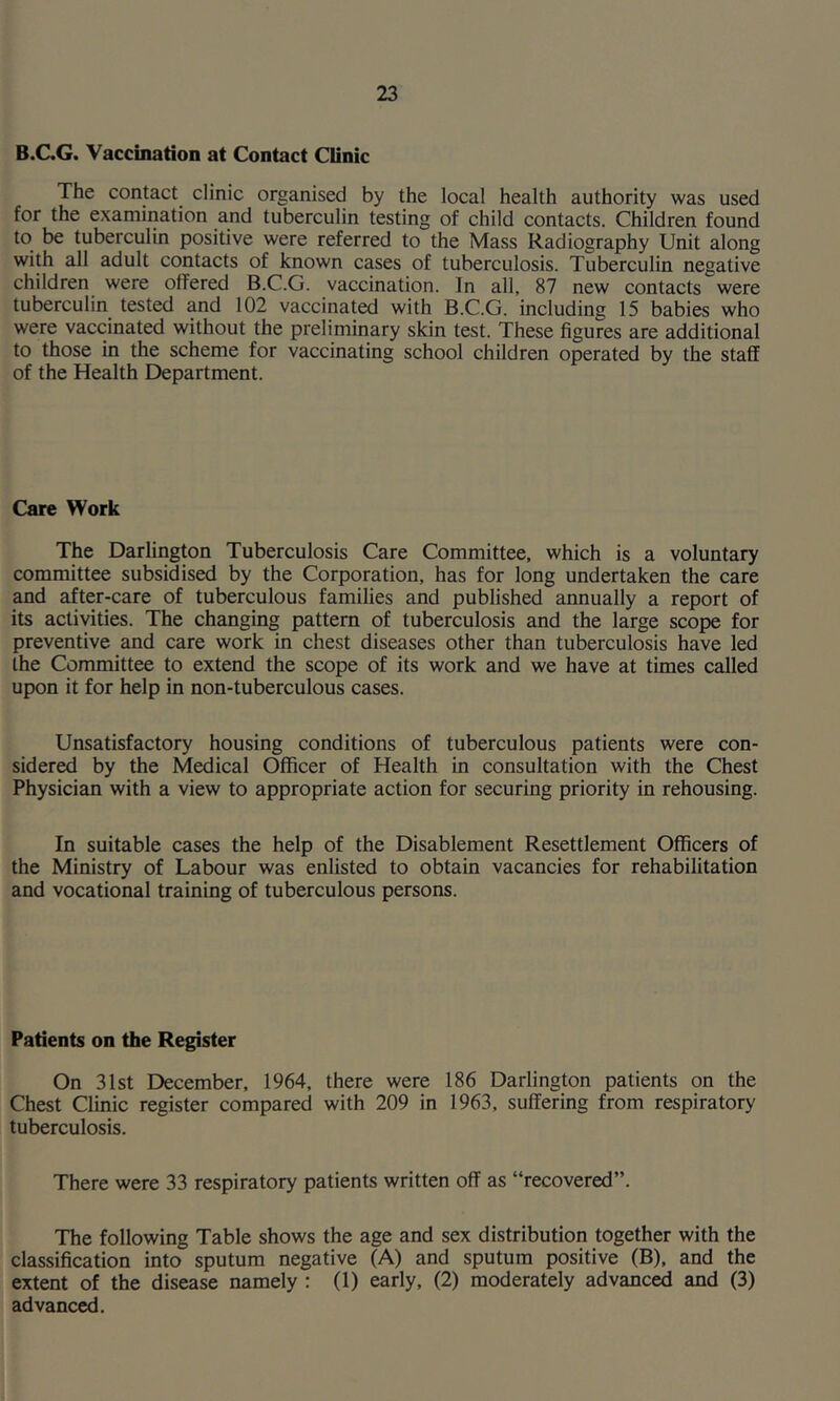 B.CG. Vaccination at Contact Clinic The contact clinic organised by the local health authority was used for the examination and tuberculin testing of child contacts. Children found to be tuberculin positive were referred to the Mass Radiography Unit along with all adult contacts of known cases of tuberculosis. Tuberculin negative children were offered B.C.G. vaccination. In all, 87 new contacts were tuberculin tested and 102 vaccinated with B.C.G. including 15 babies who were vaccinated without the preliminary skin test. These figures are additional to those in the scheme for vaccinating school children operated by the staff of the Health Department. Care Work The Darlington Tuberculosis Care Committee, which is a voluntary committee subsidised by the Corporation, has for long undertaken the care and after-care of tuberculous families and published annually a report of its activities. The changing pattern of tuberculosis and the large scope for preventive and care work in chest diseases other than tuberculosis have led the Committee to extend the scope of its work and we have at times called upon it for help in non-tuberculous cases. Unsatisfactory housing conditions of tuberculous patients were con- sidered by the Medical Officer of Health in consultation with the Chest Physician with a view to appropriate action for securing priority in rehousing. In suitable cases the help of the Disablement Resettlement Officers of the Ministry of Labour was enlisted to obtain vacancies for rehabilitation and vocational training of tuberculous persons. Patients on the Register On 31st December, 1964, there were 186 Darlington patients on the Chest Clinic register compared with 209 in 1963, suffering from respiratory tuberculosis. There were 33 respiratory patients written off as “recovered”. The following Table shows the age and sex distribution together with the classification into sputum negative (A) and sputum positive (B), and the extent of the disease namely : (1) early, (2) moderately advanced and (3) advanced.