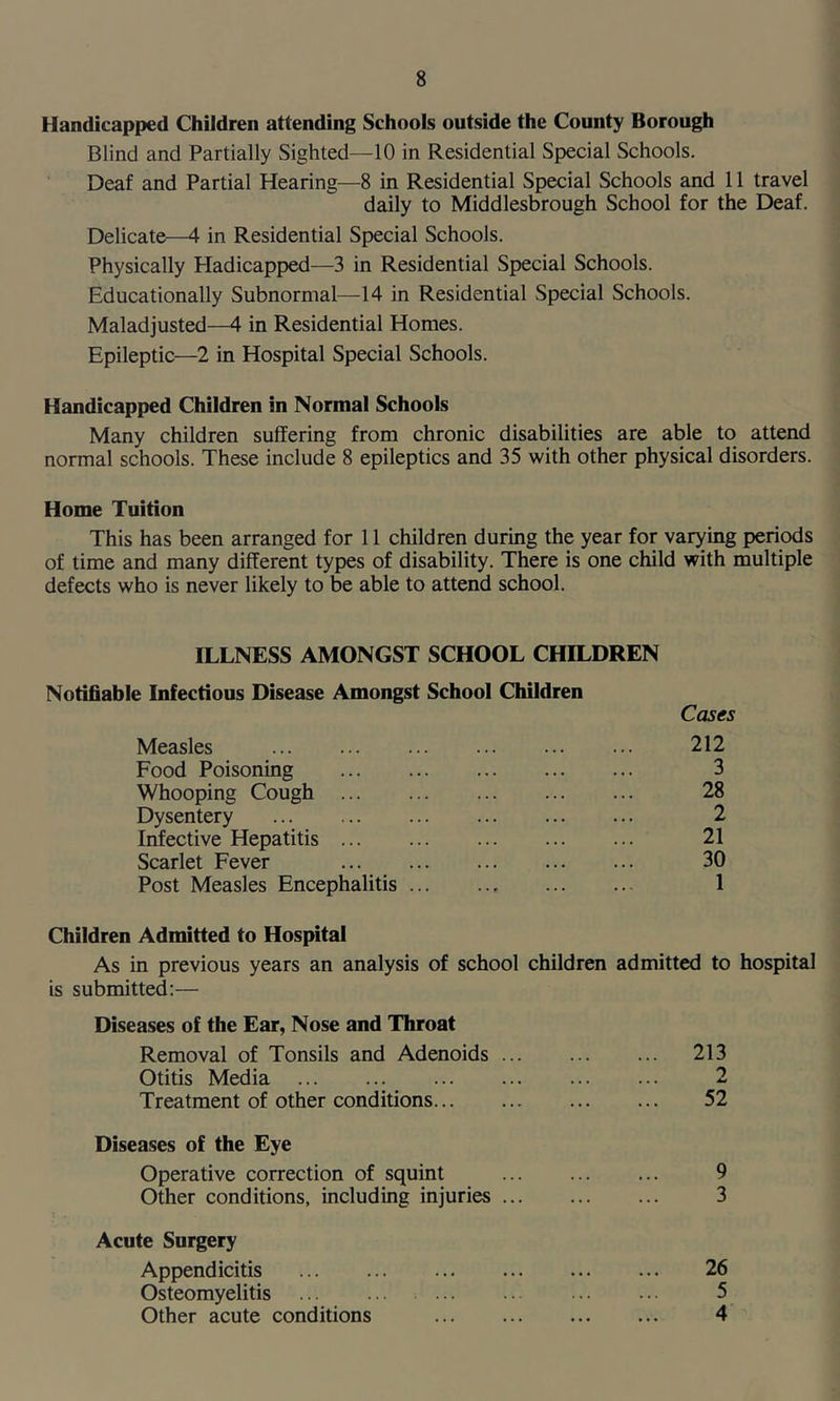 Handicapped Children attending Schools outside the County Borough Blind and Partially Sighted—10 in Residential Special Schools. Deaf and Partial Hearing—8 in Residential Special Schools and 11 travel daily to Middlesbrough School for the Deaf. Delicate—4 in Residential Special Schools. Physically Pladicapped—3 in Residential Special Schools. Educationally Subnormal—14 in Residential Special Schools. Maladjusted—4 in Residential Homes. Epileptic—2 in Hospital Special Schools. Handicapped Children in Normal Schools Many children suffering from chronic disabilities are able to attend normal schools. These include 8 epileptics and 35 with other physical disorders. Home Tuition This has been arranged for 11 children during the year for varying periods of time and many different types of disability. There is one child with multiple defects who is never likely to be able to attend school. ILLNESS AMONGST SCHOOL CHILDREN Notifiable Infectious Disease Amongst School Children Measles Cases 212 Food Poisoning 3 Whooping Cough 28 Dysentery 2 Infective Hepatitis 21 Scarlet Fever 30 Post Measles Encephalitis 1 Children Admitted to Hospital As in previous years an analysis of school children admitted to hospital is submitted:— Diseases of the Ear, Nose and Throat Removal of Tonsils and Adenoids ... 213 Otitis Media • « . Treatment of other conditions 52 Diseases of the Eye Operative correction of squint 9 Other conditions, including injuries 3 Acute Surgery Appendicitis 26 Osteomyelitis 5 Other acute conditions 4