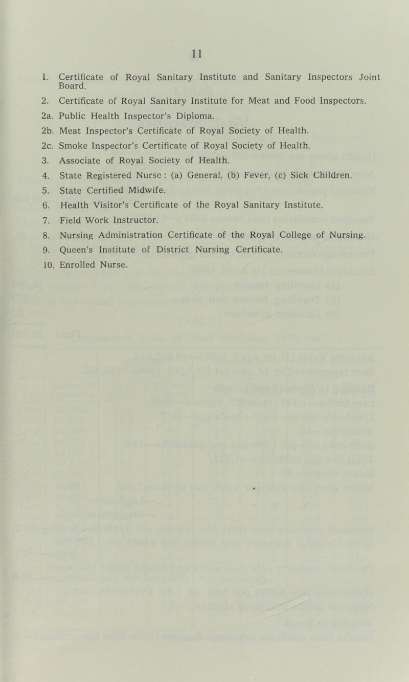 1. Certificate of Royal Sanitary Institute and Sanitary Inspectors Joint Board. 2. Certificate of Royal Sanitary Institute for Meat and Food Inspectors. 2a. Public Health Inspector’s Diploma. 2b. Meat Inspector’s Certificate of Royal Society of Health. 2c. Smoke Inspector’s Certificate of Royal Society of Health. 3. Associate of Royal Society of Health. 4. State Registered Nurse : (a) General, (b) Fever, (c) Sick Children. 5. State Certified Midwife. 6. Health Visitor’s Certificate of the Royal Sanitary Institute. 7. Field Work Instructor. 8. Nursing Administration Certificate of the Royal College of Nursing. 9. Queen’s Institute of District Nursing Certificate. 10. Enrolled Nurse.