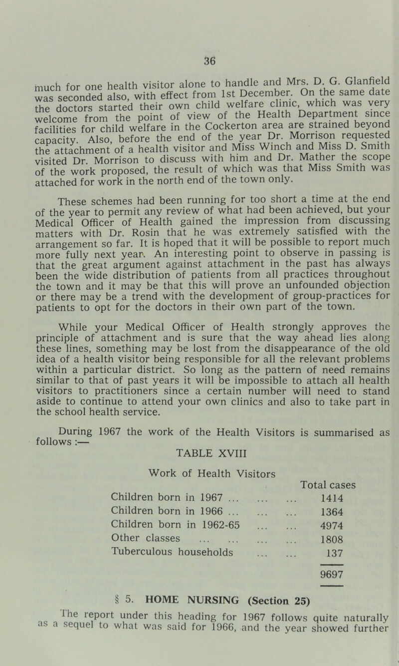 much for one health visitor alone to handle and Mr^ D. G. Glanfield warseconded also with effect from 1st December. On the same date the doctors started their own child welfare clinic, which was very welcome from the point of view of the Health Department since facilities for child welfare in the Cockerton area are strained beyond capacity. Also, before the end of the year Dr. Morrison requested the attachment of a health visitor and Miss Winch and Miss D. Smith visited Dr. Morrison to discuss with him and Dr. Mather the scope of the work proposed, the result of which was that Miss Smith was attached for work in the north end of the town only. These schemes had been running for too short a time at the end of the year to permit any review of what had been achieved, but your Medical Officer of Health gained the impression from discussing matters with Dr. Rosin that he was extremely satisfied with the arrangement so far. It is hoped that it will be possible to report much more fully next year. An interesting point to observe in passing is that the great argument against attachment in the past has always been the wide distribution of patients from all practices throughout the town and it may be that this will prove an unfounded objection or there may be a trend with the development of group-practices for patients to opt for the doctors in their own part of the town. While your Medical Officer of Health strongly approves the principle of attachment and is sure that the way ahead lies along these lines, something may be lost from the disappearance of the old idea of a health visitor being responsible for all the relevant problems within a particular district. So long as the pattern of need remains similar to that of past years it will be impossible to attach all health visitors to practitioners since a certain number will need to stand aside to continue to attend your own clinics and also to take part in the school health service. During 1967 the work of the Health Visitors is summarised as follows :— TABLE XVIII Work of Health Visitors Children born in 1967 Children born in 1966 Children born in 1962-65 Other classes Tuberculous households Total cases 1414 1364 4974 1808 137 9697 § 5. HOME NURSING (Section 25) Ihe report under this heading for 1967 follows quite naturally as a sequel to what was said for 1966, and the year showed further