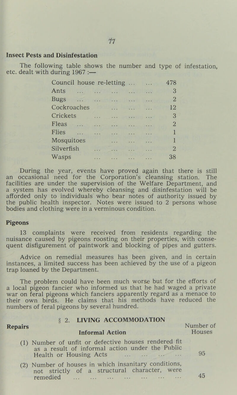 1l Insect Pests and Disinfestation The following table shows the number and type of infestation, etc. dealt with during 1967 :— Council house re-letting 478 Ants 3 Bugs 2 Cockroaches 12 Crickets 3 Fleas 2 Flies 1 Mosquitoes 1 Silverfish 2 Wasps 38 During the year, events have proved again that there is still an occasional need for the Corporation’s cleansing station. The facilities are under the supervision of the Welfare Department, and a system has evolved whereby cleansing and disinfestation will be afforded only to individuals who bear notes of authority issued by the public health inspector. Notes were issued to 2 persons whose bodies and clothing were in a verminous condition. Pigeons 13 complaints were received from residents regarding the nuisance caused by pigeons roosting on their properties, with conse- quent disfigurement of paintwork and blocking of pipes and gutters. Advice on remedial measures has been given, and in certain instances, a limited success has been achieved by the use of a pigeon trap loaned by the Department. The problem could have been much worse but for the efforts of a local pigeon fancier who informed us that he had waged a private war on feral pigeons which fanciers apparently regard as a menace to their own birds. He claims that his methods have reduced the numbers of feral pigeons by several hundred. § 2. LIVING ACCOMMODATION Repairs Number of Informal Action Houses (1) Number of unfit or defective houses rendered fit as a result of informal action under the Public Health or Housing Acts 95 (2) Number of houses in which insanitary conditions, not strictly of a structural character, were remedied 45