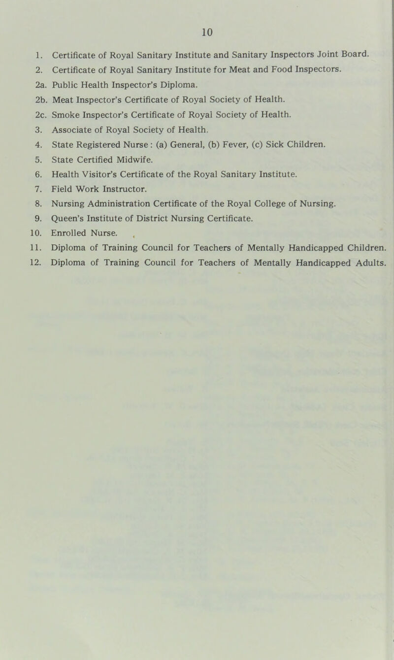 1. Certificate of Royal Sanitary Institute and Sanitary Inspectors Joint Board. 2. Certificate of Royal Sanitary Institute for Meat and Food Inspectors. 2a. Public Health Inspector’s Diploma. 2b. Meat Inspector’s Certificate of Royal Society of Health. 2c. Smoke Inspector’s Certificate of Royal Society of Health. 3. Associate of Royal Society of Health. 4. State Registered Nurse: (a) General, (b) Fever, (c) Sick Children. 5. State Certified Midwife. 6. Health Visitor’s Certificate of the Royal Sanitary Institute. 7. Field Work Instructor. 8. Nursing Administration Certificate of the Royal College of Nursing. 9. Queen’s Institute of District Nursing Certificate. 10. Enrolled Nurse. , 11. Diploma of Training Council for Teachers of Mentally Handicapped Children. 12. Diploma of Training Council for Teachers of Mentally Handicapped Adults.