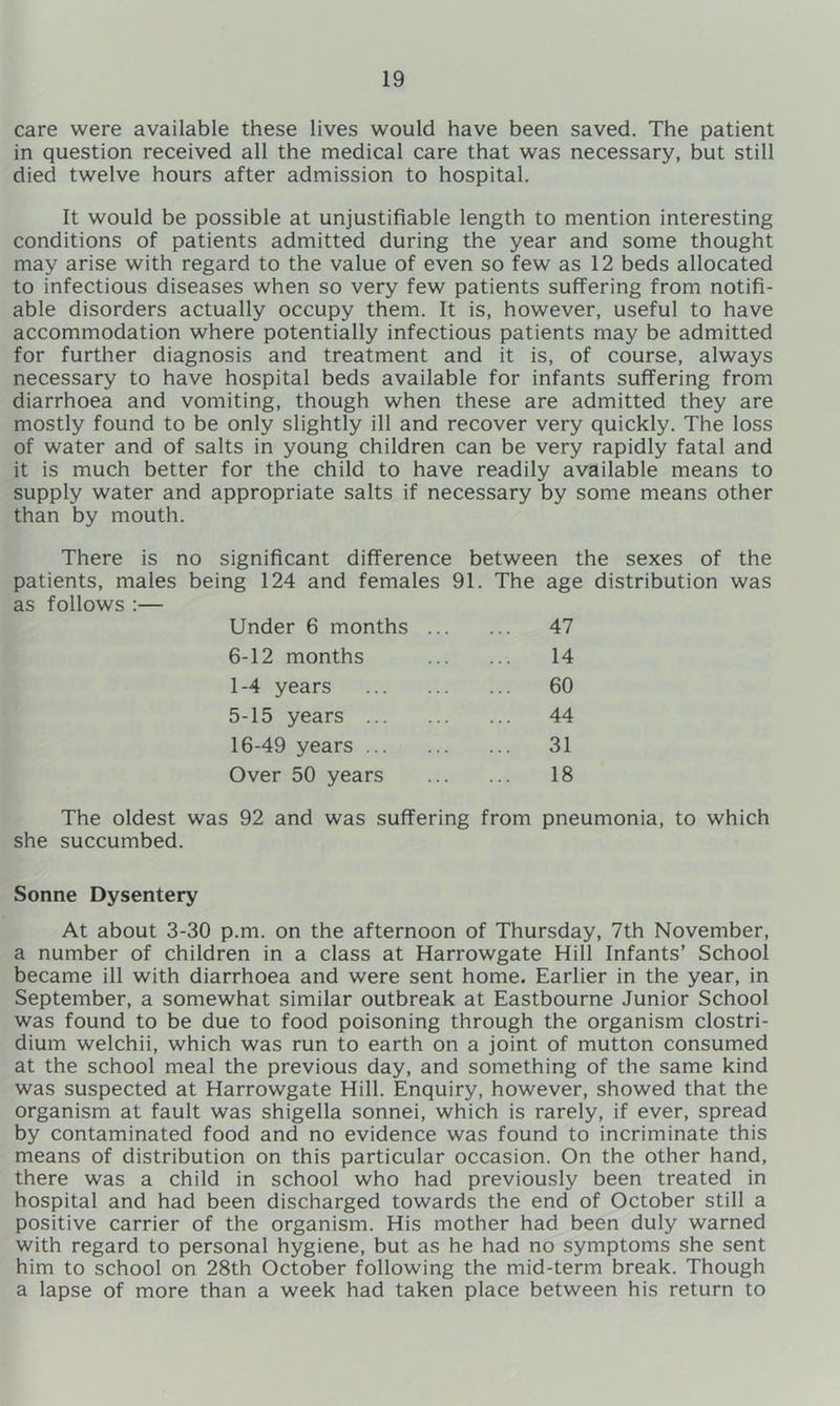 care were available these lives would have been saved. The patient in question received all the medical care that was necessary, but still died twelve hours after admission to hospital. It would be possible at unjustifiable length to mention interesting conditions of patients admitted during the year and some thought may arise with regard to the value of even so few as 12 beds allocated to infectious diseases when so very few patients suffering from notifi- able disorders actually occupy them. It is, however, useful to have accommodation where potentially infectious patients may be admitted for further diagnosis and treatment and it is, of course, always necessary to have hospital beds available for infants suffering from diarrhoea and vomiting, though when these are admitted they are mostly found to be only slightly ill and recover very quickly. The loss of water and of salts in young children can be very rapidly fatal and it is much better for the child to have readily available means to supply water and appropriate salts if necessary by some means other than by mouth. There is no significant difference between the sexes of the patients, males being 124 and females 91. The age distribution was as follows ;— Under 6 months ... 47 6-12 months 14 1-4 years ... 60 5-15 years 44 16-49 years ... 31 Over 50 years 18 The oldest was 92 and was suffering from pneumonia, to which she succumbed. Sonne Dysentery At about 3-30 p.m. on the afternoon of Thursday, 7th November, a number of children in a class at Harrowgate Hill Infants’ School became ill with diarrhoea and were sent home. Earlier in the year, in September, a somewhat similar outbreak at Eastbourne Junior School was found to be due to food poisoning through the organism Clostri- dium welchii, which was run to earth on a joint of mutton consumed at the school meal the previous day, and something of the same kind was suspected at Harrowgate Hill. Enquiry, however, showed that the organism at fault was shigella sonnei, which is rarely, if ever, spread by contaminated food and no evidence was found to incriminate this means of distribution on this particular occasion. On the other hand, there was a child in school who had previously been treated in hospital and had been discharged towards the end of October still a positive carrier of the organism. His mother had been duly warned with regard to personal hygiene, but as he had no symptoms she sent him to school on 28th October following the mid-term break. Though a lapse of more than a week had taken place between his return to