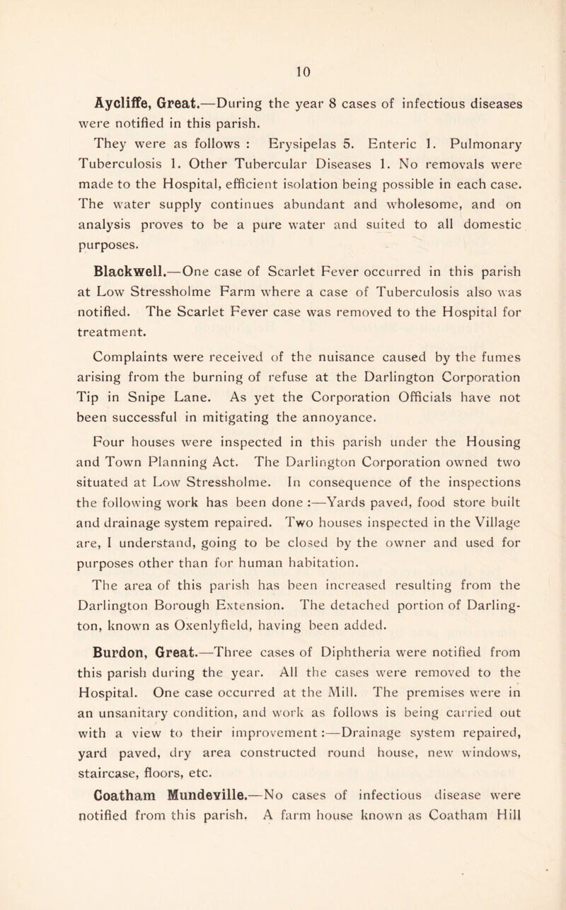 Aycliffe, Great.—During the year 8 cases of infectious diseases were notified in this parish. They were as follows : Erysipelas 5. Enteric 1. Pulmonary Tuberculosis 1. Other Tubercular Diseases 1. No removals were made to the Hospital, efficient isolation being possible in each case. The water supply continues abundant and wholesome, and on analysis proves to be a pure water and suited to all domestic purposes. Blackwell.—One case of Scarlet Fever occurred in this parish at Low Stressholme Farm where a case of Tuberculosis also was notified. The Scarlet Fever case was removed to the Hospital for treatment. Complaints were received of the nuisance caused by the fumes arising from the burning of refuse at the Darlington Corporation Tip in Snipe Lane. As yet the Corporation Officials have not been successful in mitigating the annoyance. Four houses were inspected in this parish under the Housing and Town Planning Act. The Darlington Corporation owned two situated at Low Stressholme. In consequence of the inspections the following work has been done :—Yards paved, food store built and drainage system repaired. Two houses inspected in the Village are, I understand, going to be closed by the owner and used for purposes other than for human habitation. The area of this parish has been increased resulting from the Darlington Borough Extension. The detached portion of Darling- ton, known as Oxenlyfield, having been added. Burdon, Great.—-Three cases of Diphtheria were notified from this parish during the year. All the cases were removed to the Hospital. One case occurred at the Mill. The premises were in an unsanitary condition, and work as follows is being carried out with a view to their improvement Drainage system repaired, yard paved, dry area constructed round house, new windows, staircase, floors, etc. Coatham Mundeville.—No cases of infectious disease were notified from this parish, A farm house known as Coatham Hill