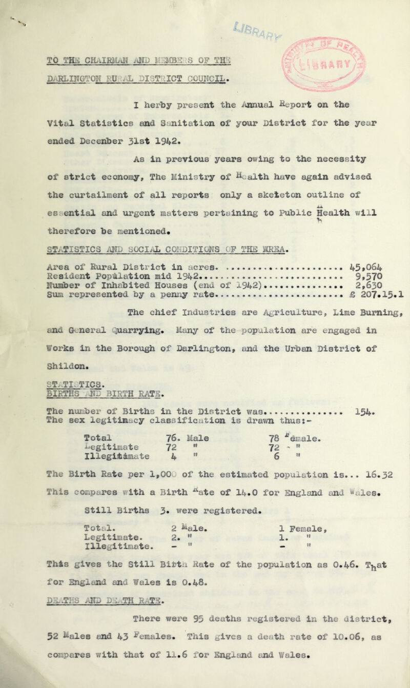 TO THii: CtiilRiiiiM MSMBSIS OF THS DxiRLIXTGTON HU.ii-L DISTRICT COUNCIL. I herby present the /oinual Report on the Vital Statistics and Sanitation of yoiir District for the year ended Decehber 31st 1942. As in previous years owing to the necessity of strict econoiiy. The Ministi^y of i^eaith have again advised the curtailment of all reports only a skeleton outline of es ential and urgent matters pertaining to Public Health will therefore be mentioned. STi.TISTICS -m) SOGI^Ji COHDITIdgS OF TKB EREA. Area of Rural District in acres. 45,064 Resident Popmlaticai mid 1%2. 9*570 Number of Inhabited Houses (end of 1942) 2,630 Sum represented by a penny rate. B 207*15«1 The chief Industries are Agriculture, Lime Burning, and G^'neral .^ar3?ying. Many of the population are engaged in Works in the Borough of Darlington, and the Urban District of Shildon. ST. .TI..TICS. BIRTHS ..ND BIRTH RATS. The number of Births in the District was. 154. The sex legitimacy classification is drawn thuss- Total 76. Male 78 '^dmale. Legitimate 72 ” 72 ~ ** Illegitimate 4 ” 6 « The Birth Rate per 1,00j of the estimated population is... 16.32 This compares with a Birth -^^ate of I4.O for England and ^alesm Still Births 3. were registered. Total. 2 ^ale. 1 Peraale, Legitimate. 2.  1. •* Illegitimate. ~ - » This gives the Still Biftn Hate of the population as O.46. T^at for England and Wales is 0.48. DS..THS DE.-TH RATE. There were 95 deaths registered in the district, 52 i^ales and 43 females. This gives a death rate of 10.06, as compares with that of 11.6 for EnglfUid rjad Wales.