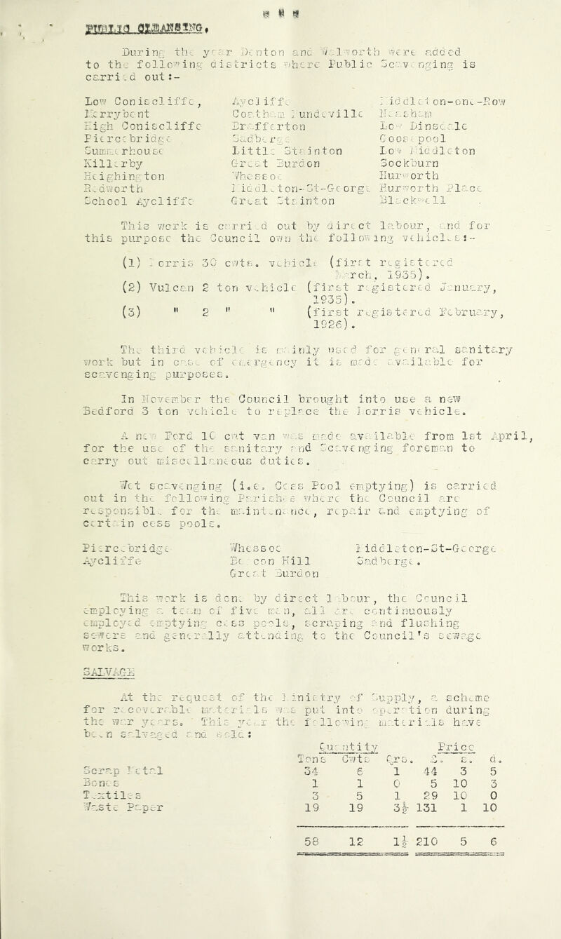 » # !S During th-- year D-enton anc 'W.:..l-A!orth vkre fiddcd to the folio'’’'ing districts ah ere Public 3cav... ngi ng is carri.G out:- Loa Coniscliffc, I r rry be nt High Goniscliffc Pierce br idge Gumiic rhousc Kille rby Kcighington Pi>: QV7or th School Aycliffe Ayci iff.- C 0 e. t ha m 1 u r j d c v i 11 c Pr;ef f ert on Sadbc rg.. Little 3tainton G-roat Burden 'The E s 0 r Pie q1.ton-3t-Gc orge Gr^at Sto,inton I id diet on-on^--Pow Pc ashara Lo ”' Li ns calc Goose pool Lo'J Piddlcton Sockburn Kurworth Euraiorth Place Llack-'cll This 7'Grk is carri-d out by direct labour, and for this purpose the Council own the following vehicle, l:- (1) - orris 3C ewts, vchiclt- (firrt registered larch, 1955). (2) Vulcan 2 ton v^ihiclc (first registered January, 1935)o (o)  2   (first r..gistercd Pebruary, 1926). The third ¥011101': is ri' inly used for gcrjfral sanitary work but in case of caergenej'' it is made cvailablc for scr_YGnging purposes. In TTcYember the Council brought into use a na\¥ Bedford 3 ton vehicle to replace the Lorris vehicle. A new Perd 1C ewt van was Ljade available from 1st April, for the use of the sanitcary rnd Scavenging forerDa.n to c arry o ut m i s c e 11 .a n e o us d ut i c s . Vet scavenging (i.ea Cess Pool emptying) is carried out in the following Parish- e where the Council are re sponfiibl.. for th^ maini^nc.-nee , repair And emptying of certoin cess pools. Pi .rCv: bridge Vhessoc 1 iddleton-St-Gccrge Aycliffe Be. : con Kill Gadberge . Greet Kurdon This work is den. by direct l-cbour, the Council emplcg/ing a team of five men, all arv. continuously employed emptying c.;&3 po':'ls, .scraping and flushing sewers and gc-nerally c/ctending to the Council’s sewage works. SALVAGE At the rec/acst of the Lin is. try '.:f Gup ply, a scheme for recovertable materials w:.s put into op^r''’tion during the war years. This ye....r the f■:Hewing m.Aerials have ba.n s^lvag>.d and sclc; Cue '^titl Price Tons Cwts Qrs, Z s. d, Scrap Ictal 34 6 ‘'l 44 3 5 Be ne s 1 1 0 5 10 3 T..mtileE 3 5 1 29 10 0 Tr^stc Paper 19 19 3|- 131 1 10