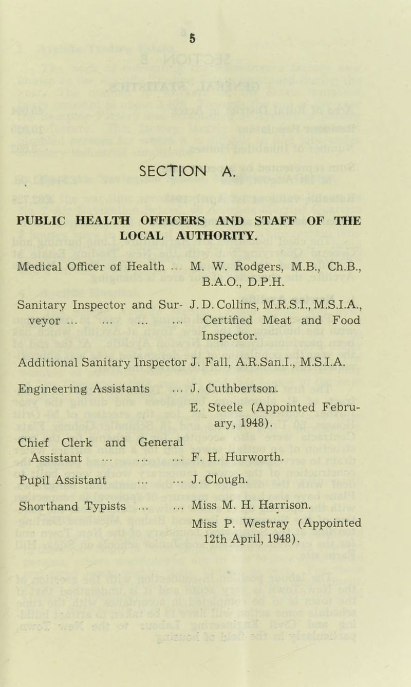 SECTION A. PUBLIC HEALTH OFFICERS AND STAFF OF THE LOCAL AUTHORITY. Medical Officer of Health .. M. W. Rodgers, M.B., Ch.B., B.A.O., D.P.H. Sanitary Inspector and Sur- J. D. Collins, M.R.S.I., M.S.I.A., veyor Certified Meat and Food Inspector. Additional Sanitary Inspector J. Fall, A.R.San.I., M.S.I.A. Engineering Assistants ... J. Cuthbertson. E. Steele (Appointed Febru- ary, 1948). Chief Clerk and General Assistant F. H. Hurworth. Pupil Assistant J. Clough. Shorthand Typists Miss M. H. Harrison. Miss P. Westray (Appointed 12th April, 1948).