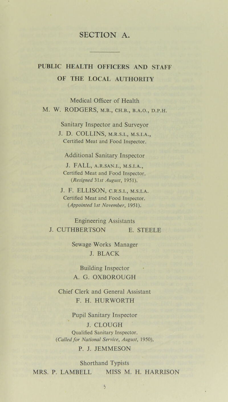 PUBLIC HEALTH OFFICERS AND STAFF OF THE LOCAL AUTHORITY Medical Officer of Health M. W. RODGERS, M.B., ch.b., b.a.o., d.p.h. Sanitary Inspector and Surveyor J. D. COLLINS, M.R.S.I., M.S.I.A., Certified Meat and Food Inspector. Additional Sanitary Inspector J. FALL, A.R.SAN.I., M.S.I.A., Certified Meat and Food Inspector. {Resigned 31^/ August, 1951). J. F. ELLISON, C.R.S.I., m.s.i.a. Certified Meat and Food Inspector. {Appointed 1j/ November, 1951). Engineering Assistants J. CUTHBERTSON E. STEELE Sewage Works Manager J. BLACK Building Inspector A. G. OXBOROUGH Chief Clerk and General Assistant F. H. HURWORTH Pupil Sanitary Inspector J. CLOUGH Qualified Sanitary Inspector. {Called for National Service, August, 1950). P. J. JEMMESON Shorthand Typists MRS. P. LAMBELL MISS M. H. HARRISON