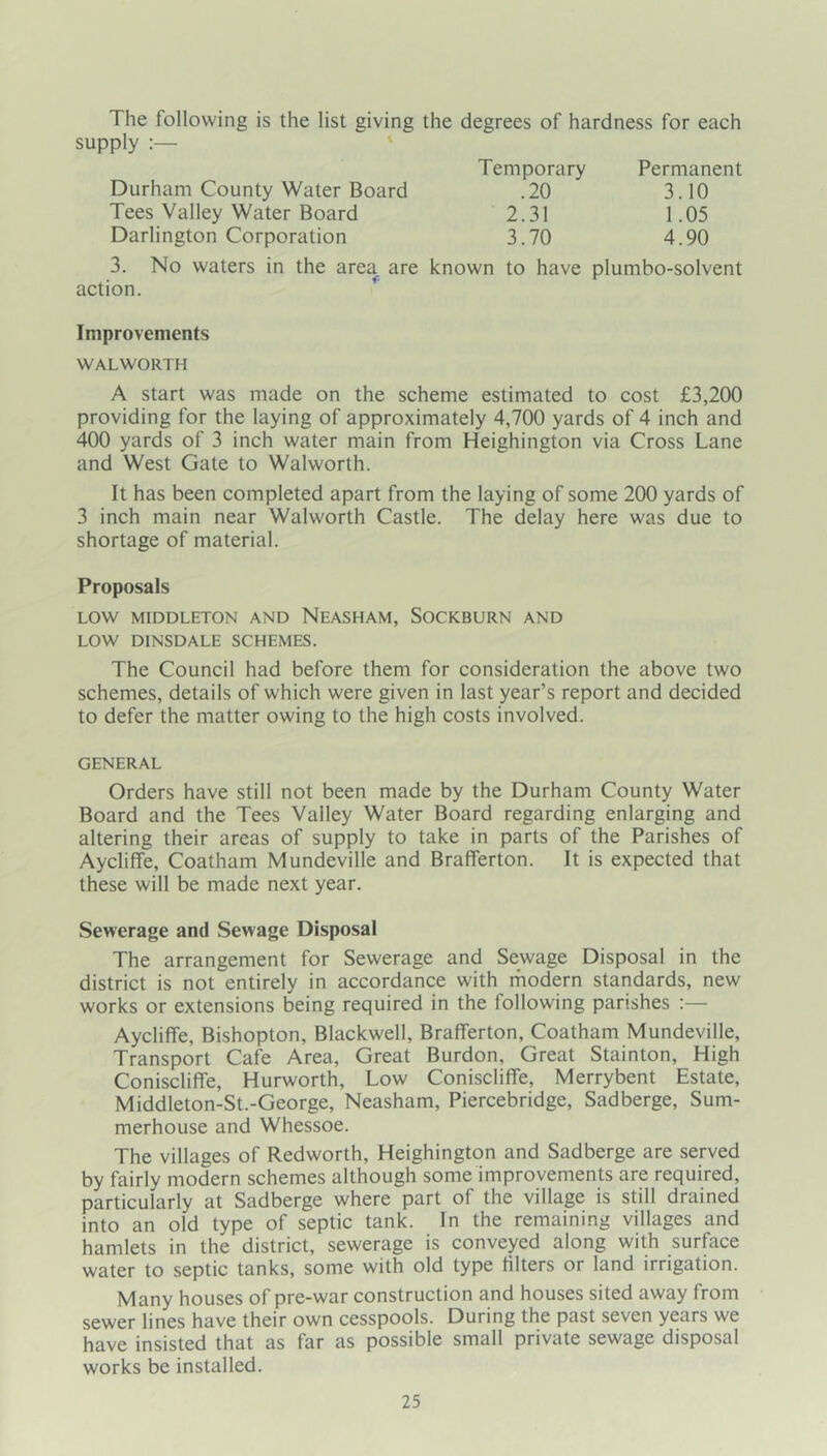 The following is the list giving the degrees of hardness for each supply :— * Temporary Permanent 3.10 1.05 4.90 Durham County Water Board Tees Valley Water Board Darlington Corporation .20 2.31 3.70 3. No waters in the area are known to have plumbo-solvent action. Improvements WALWORTH A Start was made on the scheme estimated to cost £3,200 providing for the laying of approximately 4,700 yards of 4 inch and 400 yards of 3 inch water main from Heighington via Cross Lane and West Gate to Walworth. It has been completed apart from the laying of some 200 yards of 3 inch main near Walworth Castle. The delay here was due to shortage of material. Proposals LOW MIDDLETON AND NeASHAM, SOCKBURN AND LOW DINSDALE SCHEMES. The Council had before them for consideration the above two schemes, details of which were given in last year’s report and decided to defer the matter owing to the high costs involved. GENERAL Orders have still not been made by the Durham County Water Board and the Tees Valley Water Board regarding enlarging and altering their areas of supply to take in parts of the Parishes of Aycliffe, Coatham Mundeville and Brafferton. It is expected that these will be made next year. Sewerage and Sewage Disposal The arrangement for Sewerage and Sewage Disposal in the district is not entirely in accordance with rhodern standards, new works or extensions being required in the following parishes :— Aycliffe, Bishopton, Blackwell, Brafferton, Coatham Mundeville, Transport Cafe Area, Great Burdon, Great Stainton, High Coniscliffe, Hurworth, Low Coniscliffe, Merrybent Estate, Middleton-St.-George, Neasham, Piercebridge, Sadberge, Sum- merhouse and Whessoe. The villages of Redworth, Heighington and Sadberge are served by fairly modern schemes although some improvements are required, particularly at Sadberge where part of the village is still drained into an old type of septic tank. In the remaining villages and hamlets in the district, sewerage is conveyed along with surface water to septic tanks, some with old type filters or land irrigation. Many houses of pre-war construction and houses sited away from sewer lines have their own cesspools. During the past seven years we have insisted that as far as possible small private sewage disposal works be installed.