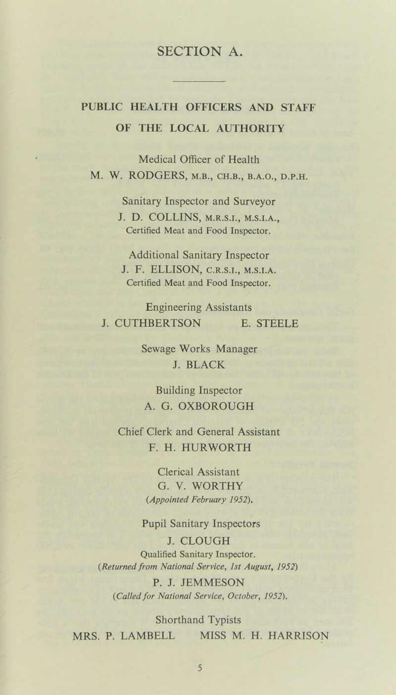 PUBLIC HEALTH OFFICERS AND STAFF OF THE LOCAL AUTHORITY Medical Officer of Health M. W. RODGERS, m.b., ch.b., b.a.o., d.p.h. Sanitary Inspector and Surveyor J. D. COLLINS, m.r.s.i., m.s.i.a., Certified Meat and Food Inspector. Additional Sanitary Inspector J. F. ELLISON, c.r.s.i., m.s.i.a. Certified Meat and Food Inspector. Engineering Assistants J. CUTHBERTSON E. STEELE Sewage Works Manager J. BLACK Building Inspector A. G. OXBOROUGH Chief Clerk and General Assistant F. H. HURWORTH Clerical Assistant G. V. WORTHY {Appointed February 1952). Pupil Sanitary Inspectors J. CLOUGH Qualified Sanitary Inspector. {Returned from National Service, 1st August, 1952) P. J. JEMMESON {Called for National Service, October, 1952). Shorthand Typists MRS. P. LAMBELL MISS M. H. HARRISON