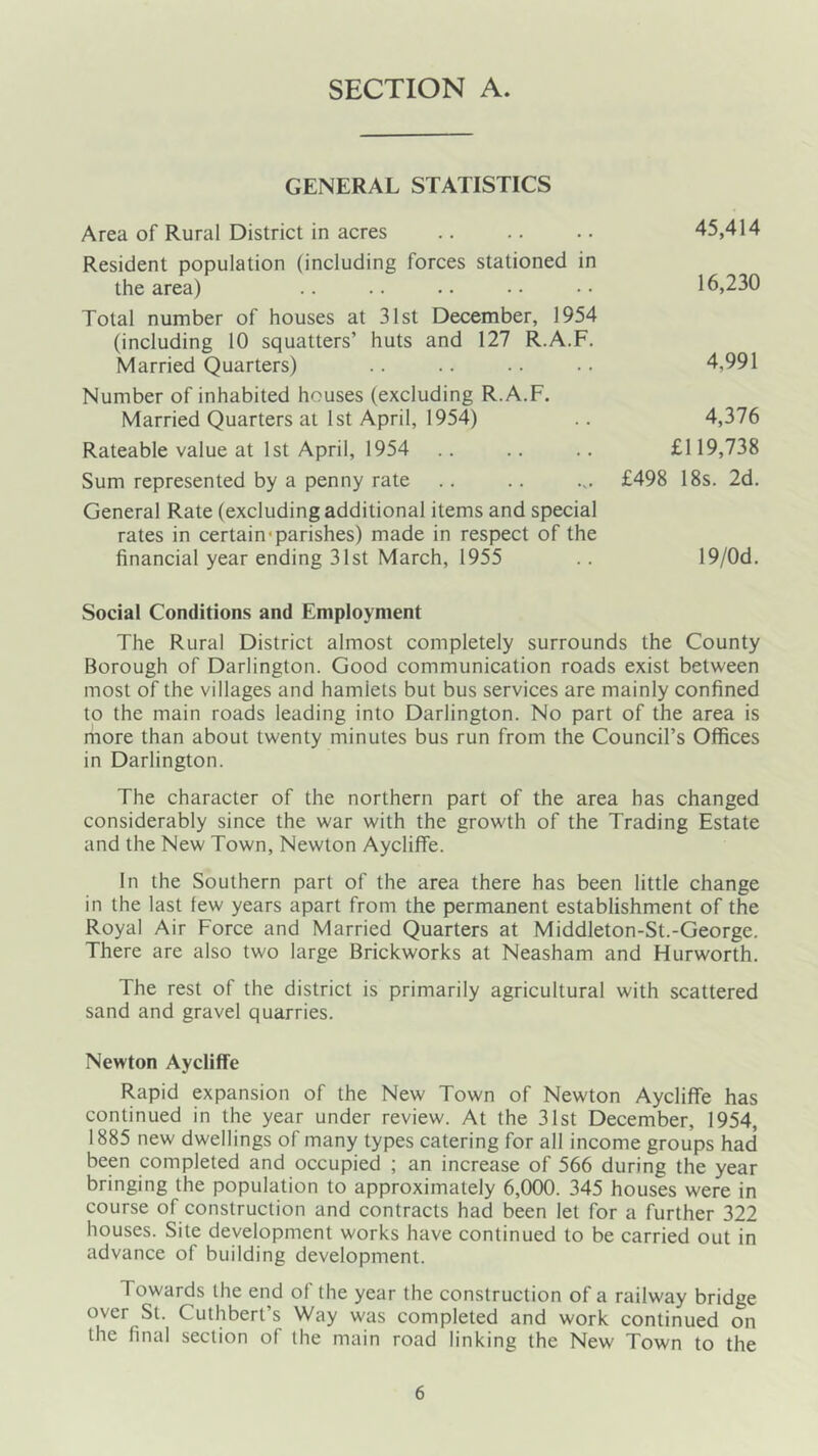 SECTION A. GENERAL STATISTICS Area of Rural District in acres .. .. . • 45,414 Resident population (including forces stationed in the area) .. .. .. •• • • 16,230 Total number of houses at 31st December, 1954 (including 10 squatters’ huts and 127 R.A.F. Married Quarters) .. .. .. • • 4,991 Number of inhabited houses (excluding R.A.F. Married Quarters at 1st April, 1954) .. 4,376 Rateable value at 1st April, 1954 .. .. .. £119,738 Sum represented by a penny rate .. .. ... £498 18s. 2d. General Rate (excluding additional items and special rates in certain’parishes) made in respect of the financial year ending 31st March, 1955 .. 19/Od. Social Conditions and Employment The Rural District almost completely surrounds the County Borough of Darlington. Good communication roads exist between most of the villages and hamlets but bus services are mainly confined to the main roads leading into Darlington. No part of the area is more than about twenty minutes bus run from the Council’s Offices in Darlington. The character of the northern part of the area has changed considerably since the war with the growth of the Trading Estate and the New Town, Newton Aycliffe. In the Southern part of the area there has been little change in the last few years apart from the permanent establishment of the Royal Air Force and Married Quarters at Middleton-St.-George. There are also two large Brickworks at Neasham and Hurworth. The rest of the district is primarily agricultural with scattered sand and gravel quarries. Newton Aycliffe Rapid expansion of the New Town of Newton Aycliffe has continued in the year under review. At the 31st December, 1954, 1885 new dwellings of many types catering for all income groups had been completed and occupied ; an increase of 566 during the year bringing the population to approximately 6,000. 345 houses were in course of construction and contracts had been let for a further 322 houses. Site development works have continued to be carried out in advance of building development. Towards the end of the year the construction of a railway bridge over St. Cuthbert’s Way was completed and work continued on the final section of the main road linking the New Town to the
