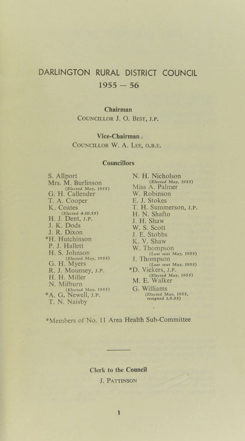 DARLINGTON RURAL DISTRICT COUNCIL 1955 — 56 Chairman Councillor J. O. Best, j.p. Vice-Chairman Councillor W. A. Lee, o.b.e. Councillors S. Allport Mrs. M. Burlinson (Elected May, 1955) G. H. Callender T. A. Cooper K. Coates (Elected 4.10.55) H. J. Dent, j.p. J. K. Dods J. R. Dixon *H. Hutchinson P. J. Hallett H. S. Johnson (Elected May, 1955) G. H. Myers R. J. Mounsey, j.p. H. H. Miller N. Milburn (Elected May, 1955) *A. G. Newell, j.p. T. N. Naisby N. H. Nicholson (Elected May, 1955) Miss A. Palmer W. Robinson E. J. Stokes T. H. Summerson, j.p. H. N. Shafto J. H. Shaw W. S. Scott J. E. Stobbs K. V. Shaw W. Thompson (Lost seat May, 1955) J. Thompson (Lost seat May, 1955) *D. Vickers, j.p. (Elected May, 1955) M. E. Walker G. Williams (Elected May, 1955, resigned 1.9.55) ♦Members of No. 11 Area Health Sub-Committee Clerk to the Council J. Paitinson