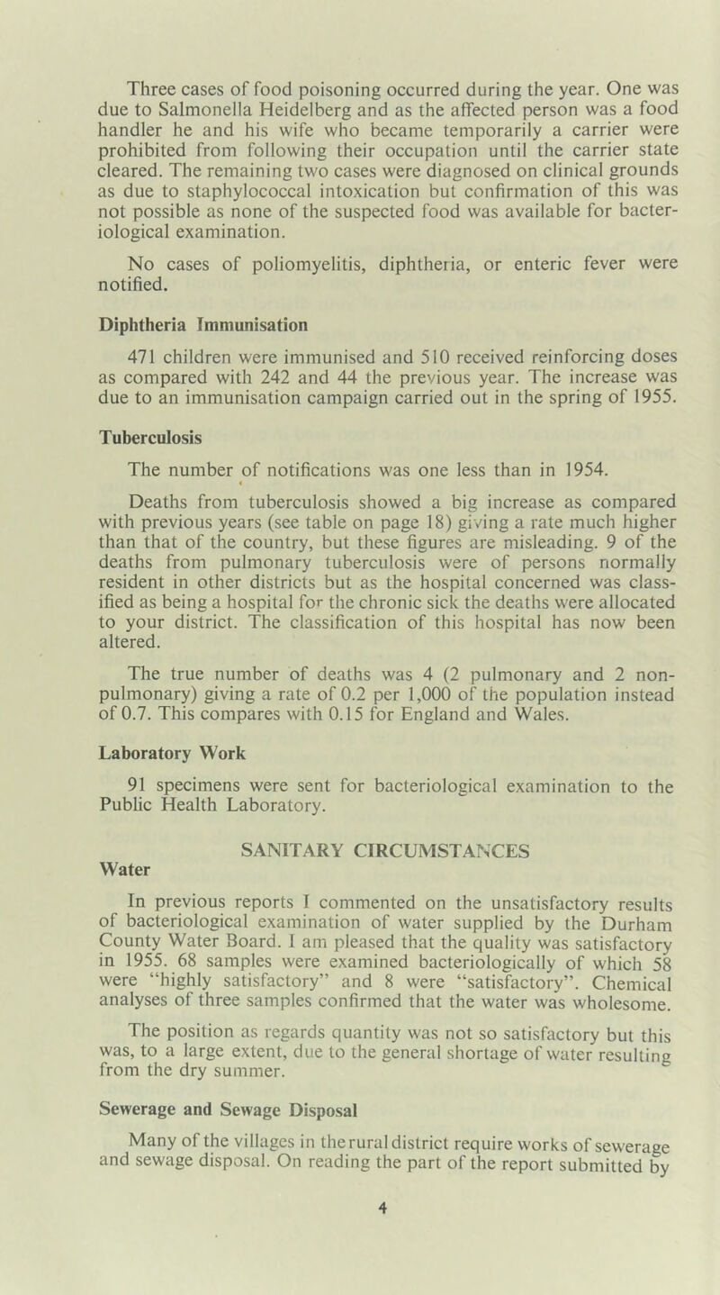 Three cases of food poisoning occurred during the year. One was due to Salmonella Heidelberg and as the affected person was a food handler he and his wife who became temporarily a carrier were prohibited from following their occupation until the carrier state cleared. The remaining two cases were diagnosed on clinical grounds as due to staphylococcal intoxication but confirmation of this was not possible as none of the suspected food was available for bacter- iological examination. No cases of poliomyelitis, diphtheria, or enteric fever were notified. Diphtheria Immunisation 471 children were immunised and 510 received reinforcing doses as compared with 242 and 44 the previous year. The increase was due to an immunisation campaign carried out in the spring of 1955. Tuberculosis The number of notifications was one less than in 1954. « Deaths from tuberculosis showed a big increase as compared with previous years (see table on page 18) giving a rate much higher than that of the country, but these figures are misleading. 9 of the deaths from pulmonary tuberculosis were of persons normally resident in other districts but as the hospital concerned was class- ified as being a hospital for the chronic sick the deaths were allocated to your district. The classification of this hospital has now been altered. The true number of deaths was 4 (2 pulmonary and 2 non- pulmonary) giving a rate of 0.2 per 1,000 of the population instead of 0.7. This compares with 0.15 for England and Wales. Laboratory Work 91 specimens were sent for bacteriological examination to the Public Health Laboratory. SANITARY CIRCUMSTANCES Water In previous reports I commented on the unsatisfactory results of bacteriological examination of water supplied by the Durham County Water Board. I am pleased that the quality was satisfactory in 1955. 68 samples were examined bacteriologically of which 58 were “highly satisfactory” and 8 were “satisfactory”. Chemical analyses of three samples confirmed that the water was wholesome. The position as regards quantity was not so satisfactory but this was, to a large extent, due to the general shortage of water resultinc from the dry summer. Sewerage and Sewage Disposal Many of the villages in the rural district require works of sewerage and sewage disposal. On reading the part of the report submitted by