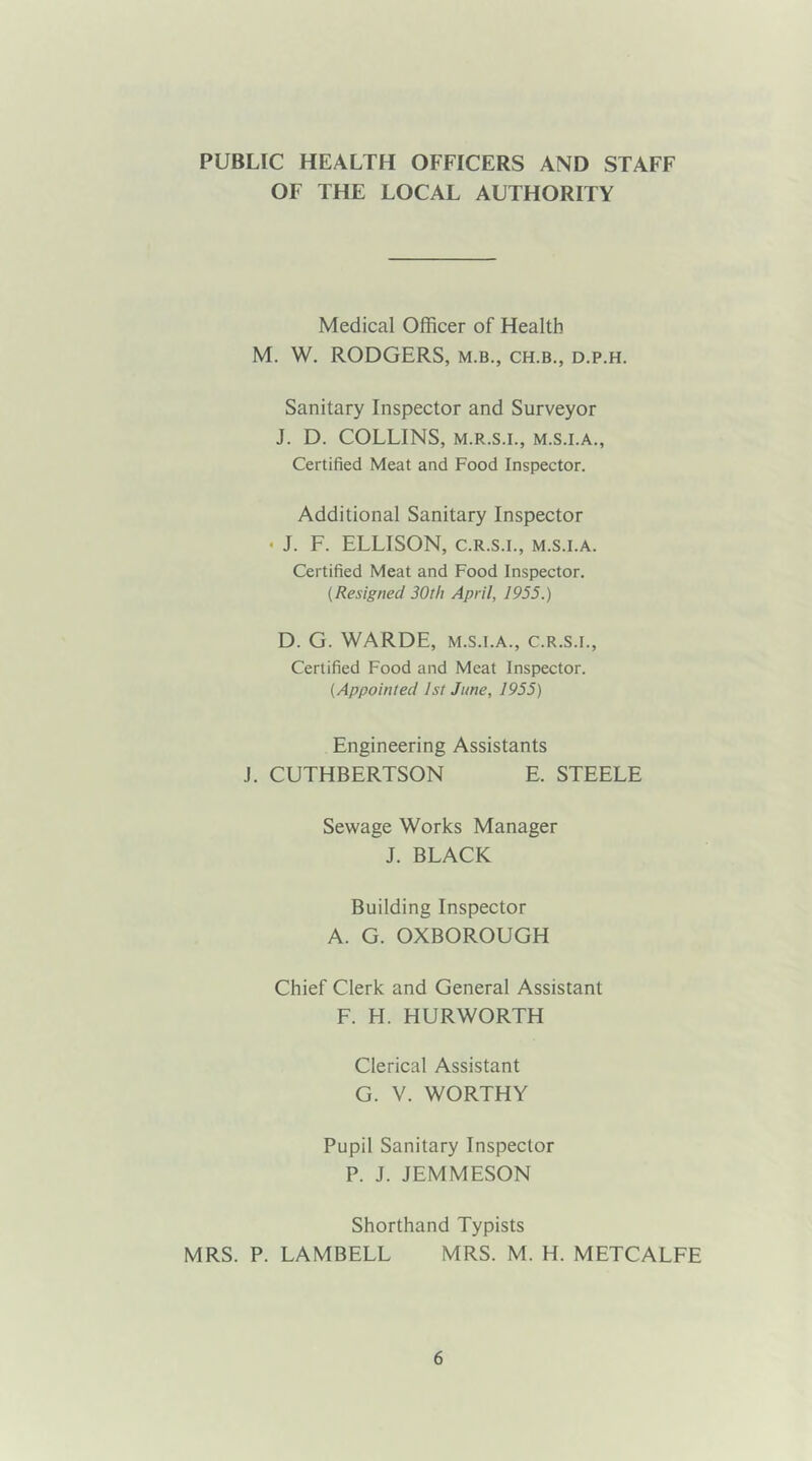PUBLIC HEALTH OFFICERS AND STAFF OF THE LOCAL AUTHORITY Medical Officer of Health M. W. RODGERS, m.b., ch.b., d.p.h. Sanitary Inspector and Surveyor J. D. COLLINS, m.r.s.i., m.s.i.a., Certified Meat and Food Inspector. Additional Sanitary Inspector < J. F. ELLISON, c.r.s.i., m.s.i.a. Certified Meat and Food Inspector. (Resigned 30th April, 1955.) D. G. WARDE, m.s.i.a., c.r.s.i., Certified Food and Meat Inspector. (Appointed 1st June, 1955) Engineering Assistants J. CUTHBERTSON E. STEELE Sewage Works Manager J. BLACK Building Inspector A. G. OXBOROUGH Chief Clerk and General Assistant F. H. HURWORTH Clerical Assistant G. V. WORTHY Pupil Sanitary Inspector P. J. JEMMESON Shorthand Typists MRS. P. LAMBELL MRS. M. H. METCALFE