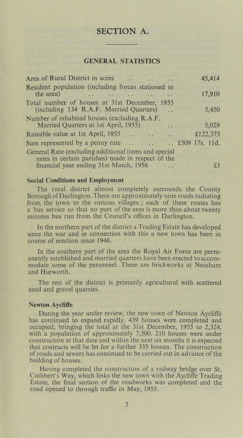 SECTION A. GENERAL STATISTICS Area of Rural District in acres .. .. .. 45,414 Resident population (including forces stationed in the area) .. .. 17,910 Total number of houses at 31st December, 1955 (including 134 R.A.F. Married Quarters) .. 5,450 Number of inhabited houses (excluding R.A.F. Married Quarters at 1st April, 1955) .. 5,029 Rateable value at 1st April, 1955 £122,375 Sum represented by a penny rate .. .. .. £509 17s. lid. General Rate (excluding additional items and special rates in certain parishes) made in respect of the financial year ending 31st March, 1956 .. £1 Social Conditions and Employment The rural district almost completely surrounds the County Borough of Darlington. There are approximately nine roads radiating from the town to the various villages ; each of these routes has a bus service so that no part of the area is more than about twenty minutes bus run from the Council’s offices in Darlington. In the northern part of the district a Trading Estate has developed since the war and in connection with this a new town has been in course of erection since 1948. In the southern part of the area the Royal Air Force are perm- anently established and married quarters have been erected to accom- modate some of the personnel. There are brickworks at Neasham and Hurworth. The rest of the district is primarily agricultural with scattered sand and gravel quarries. Newton Aycliffe During the year under review, the new town of Newton Aycliffe has continued to expand rapidly. 439 houses were completed and occupied, bringing the total at the 31st December, 1955 to 2,324, with a population of approximately 7,500. 210 houses were under construction at that date and within the next six months it is expected that contracts will be let for a further 335 houses. The construction of roads and sewers has continued to be carried out in advance of the building of houses. Having completed the construction of a railway bridge over St. Cuthbert’s Way, which links the new town with the Aycliffe Trading Estate, the final section of the roadworks was completed and the road opened to through traffic in May, 1955.