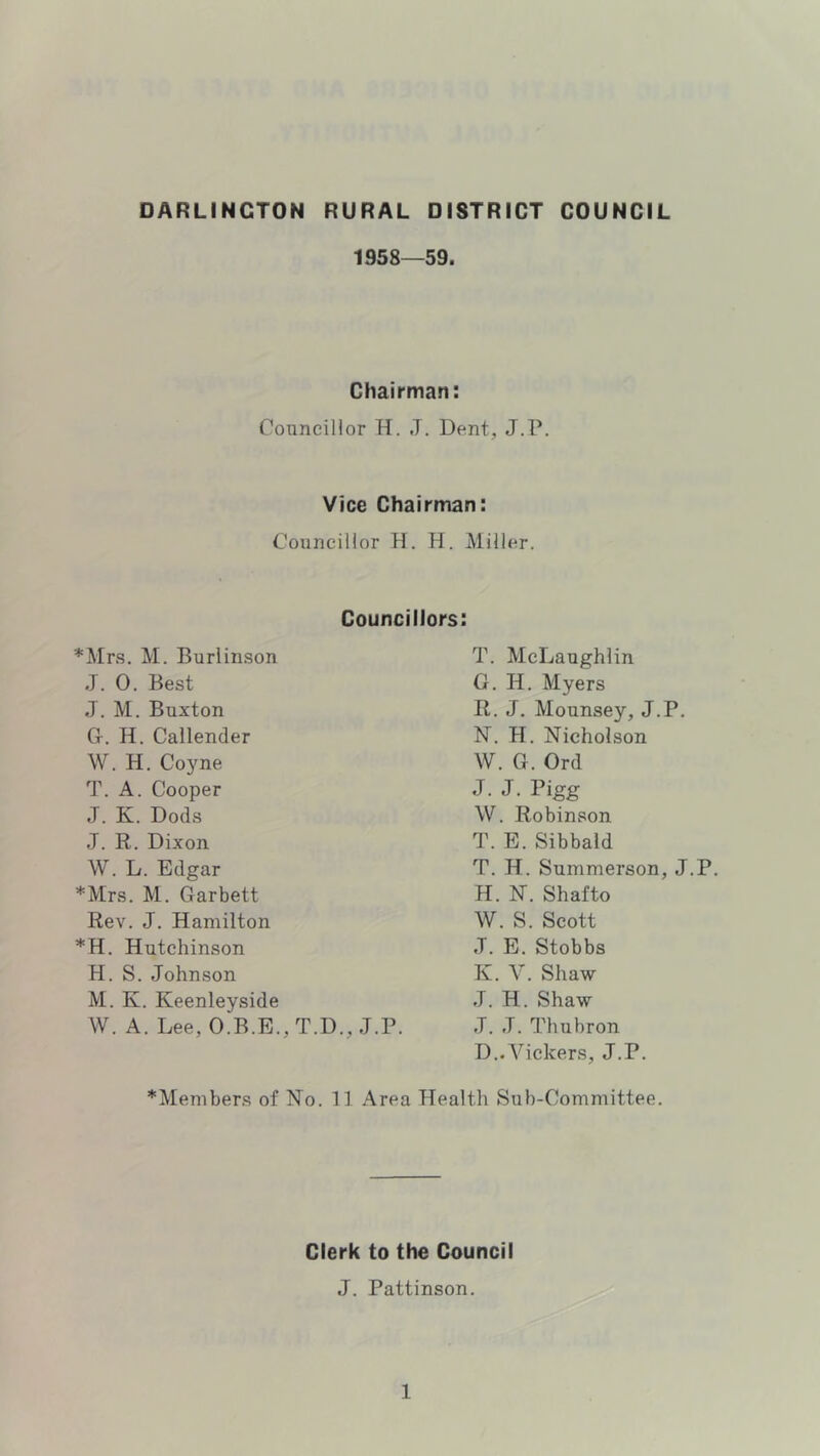DARLINGTON RURAL DISTRICT COUNCIL 1958—59. Chairman: Conncillor H. J. Dent, J.P. Vice Chairman: Councillor H. H. Miller. Councillors: *Mrs. M. Burlinson J. 0. Best J. M. Buxton a. H. Callender W. H. Coyne T. A. Cooper J. K. Dods J. R. Dixon W. L. Edgar *Mrs. M. Garbett Rev. J. Hamilton *H. Hutchinson H. S. Johnson M. K. Keenleyside W. A. Lee, O.R.E.,T.D., J.P. T. McLaughlin G. H. Myers R. J. Mounsey, J.P. N. H. Nicholson W. G. Ord J. J. Pigg W. Robinson T. E. Sibbald T. H. Summerson, J.P. H. N. Shafto W. S. Scott J. E. Stobbs K. V. Shaw J. H. Shaw J. J. Thubron D..Vickers, J.P. *Members of No. 11 Area Health Sub-Committee. Clerk to the Council J. Pattinson.