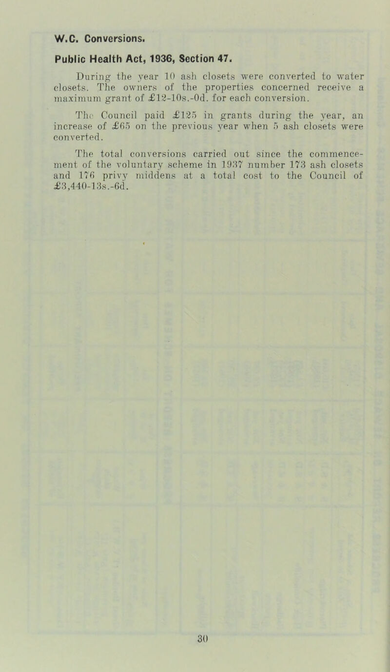 W.C. Conversions. Public Health Act, 1936, Section 47. During the year 10 asli closets were converted to water closets. The owners of the properties concerned receive a maximum grant of £T^-10s.-0d. for each conversion. The Council paid £125 in grants during the year, an increase of £(15 on the previous year when 5 a.sh closets were converted. ddie total conversions carried out since the commence- ment of the voluntary scheme in 19;17 number 173 ash closets and 17fi privy middens at a total cost to the Council of £3,440-13s.-6d.