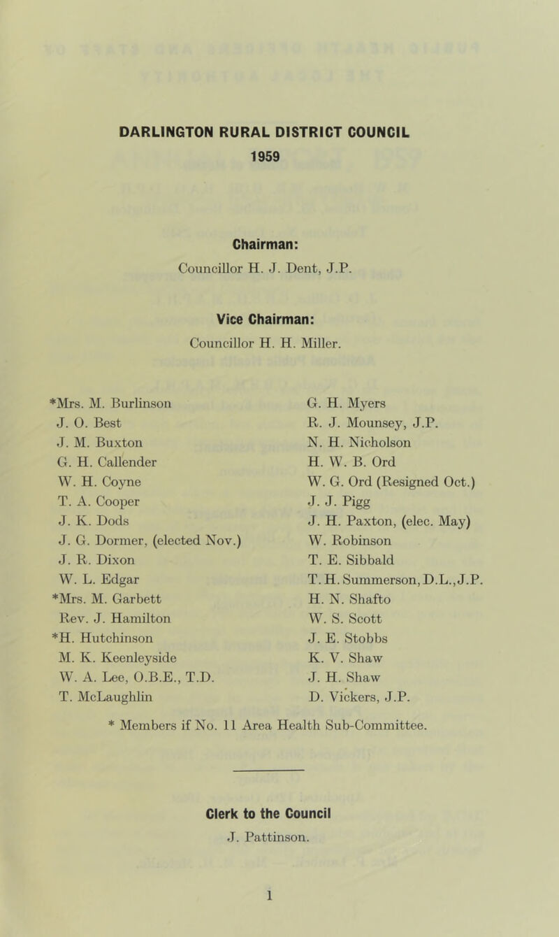 DARLINGTON RURAL DISTRICT COUNCIL 1959 Chairman: Councillor H. J. Dent, J.P. Vice Chairman: Councillor H. H. Miller. *Mrs. M. Burlinson J. 0. Best J. M. Buxton G. H. Callender W.H. Coyne T. A. Cooper J. K. Dods J. G. Dormer, (elected Nov.) J. R. Dixon W. L. Edgar *Mrs. M. Garbett Rev. J. Hamilton *H. Hutchinson M. K. Keenleyside W. A. Lee, O.B.E., T.D. T. McLaughlin G. H. Myers R. J. Mounsey, J.P. N. H. Nicholson H. VV. B. Ord W. G. Ord (Resigned Oct.) J. J. Pigg J. H. Paxton, (elec. May) W. Robinson T. E. Sibbald T. H. Summerson, D.L., J.P. H. N. Shafto W. S. Scott J. E. Stobbs K. V. Shaw J. H. Shaw D. Vickers, J.P. * Members if No. 11 Area Health Sub-Committee. Clerk to the Council J. Pattinson.