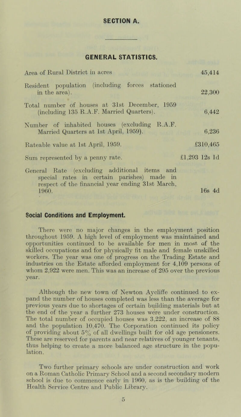 SECTION A. GENERAL STATISTICS. Area of Rural District in acres 45,414 Resident population (including forces stationed in the area). 22,300 Total number of houses at 31st December, 1959 (including 135 R.A.F. Married Quarters). 6,442 Number of inhabited houses (excluding R.A.F. Married Quarters at 1st April, 1959). 6,236 Rateable value at 1st April, 1959. £310,465 Sum represented by a penny rate. £1,293 12s Id General Rate (excluding additional items and special rates in certain parishes) made in respect of the financial year ending 31st March, 1960. ' 16s 4d Social Conditions and Employment. There were no major changes in the employment position throughout 1959. A high level of employment was maintained and opportunities continued to be available for men in most of the skilled occupations and for physically fit male and female unskilled workers. The year was one of progress on the Trading Estate and industries on the Estate afforded employment for 4,109 persons of whom 2,922 were men. This was an increase of 295 over the previous year. Although the new town of Newton Aycliffe continued to ex- pand the number of houses completed was less than the average for previous years due to shortages of certain building materials but at the end of the year a further 273 houses were under construction. The total number of occupied houses was 3,222, an increase of 88 and the population 10,470. The Corporation continued its policy of providing about 5% of all dwellings built for old age pensioners. These are reserved for parents and near relatives of younger tenants, thus helping to create a more balanced age structure in the popu- lation. Two further primary schools are under construction and work on a Roman Catholic Primary School and a second secondary modern school is due to commence early in 1960, as is the building of the Health Service Centre and Public Library.