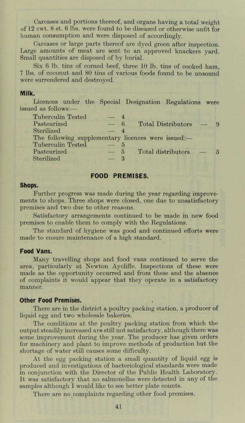 Carcases and portions thereof, and organs having a total weight of 12 cwt. 8 st. 6 lbs. were found to be diseased or otherwise unfit for human consumption and were disposed of accordingly. Carcases or large parts thereof are dyed green after inspection. Large amounts of meat are sent to an approved knackers yard. Small quantities are disposed of by burial. Six 6 lb. tins of corned beef, three 10 lb. tins of cooked ham, 7 lbs. of coconut and 80 tins of various foods found to be unsound were surrendered and destroyed. Milk. Licences under the Special Designation Regulations were issued as follows:— Tuberculin Tested — 4 Pasteurized — 6 Total Distributors — 9 Sterilized — 4 The following supplementary licences were issued:— Tuberculin Tested — 5 Pasteurized — 5 Total distributors — 5 Sterilized — 3 FOOD PREMISES. Shops. Further progress was made during the year regarding improve- ments to shops. Three shops were closed, one due to unsatisfactory premises and two due to other reasons. Satisfactory arrangements continued to be made in new food premises to enable them to comply with the Regulations. The standard of hygiene was good and continued efforts were made to ensure maintenance of a high standard. Food Vans. Many travelling shops and food vans continued to serve the area, particularly at Newton Aycliffe. Inspections of these were made as the opportunity occurred and from these and the absence of complaints it would appear that they operate in a satisfactory manner. Other Food Premises. There are in the district a poultry packing station, a producer of liquid egg and two wholesale bakeries. The conditions at the poultry packing station from which the output steadily increased are still not satisfactory, although there was some improvement during the year. The producer has given orders for machinery and plant to improve methods of production but the shortage of water still causes some difficulty. At the egg packing station a small quantity of liquid egg is produced and investigations of bacteriological standards were made in conjunction with the Director of the Public Health Laboratory. It was satisfactory that no salmonellae were detected in any of the samples although I would like to see better plate counts. There are no complaints regarding other food premises.