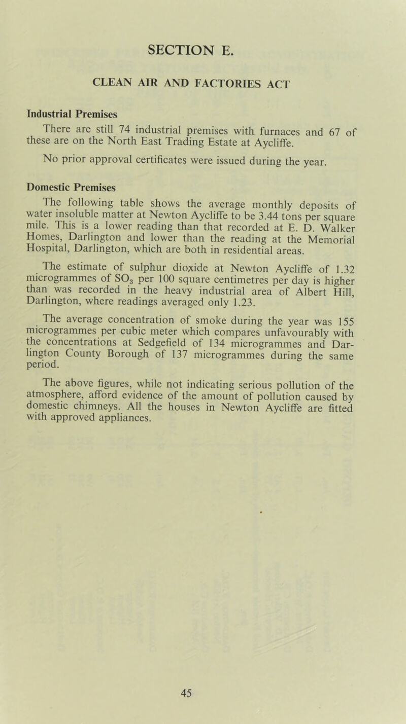 CLEAN AIR AND FACTORIES ACT Industrial Premises There are still 74 industrial premises with furnaces and 67 of these are on the North East Trading Estate at Aycliffe. No prior approval certificates were issued during the year. Domestic Premises The following table shows the average monthly deposits of water insoluble matter at Newton Aycliffe to be 3.44 tons per square mile. This is a lower reading than that recorded at E. D. Walker Homes, Darlington and lower than the reading at the Memorial Hospital, Darlington, which are both in residential areas. The estimate of sulphur dioxide at Newton Aycliffe of 1.32 microgrammes of S03 per 100 square centimetres per day is higher than was recorded in the heavy industrial area of Albert Hill, Darlington, where readings averaged only 1.23. The average concentration of smoke during the year was 155 microgrammes per cubic meter which compares unfavourably with the concentrations at Sedgefield of 134 microgrammes and Dar- lington County Borough of 137 microgrammes during the same period. The above figures, while not indicating serious pollution of the atmosphere, afford evidence of the amount of pollution caused by domestic chimneys. All the houses in Newton Aycliffe are fitted with approved appliances.