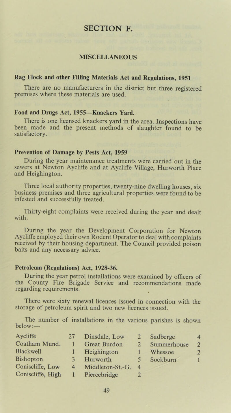 MISCELLANEOUS Rag Flock and other Filling Materials Act and Regulations, 1951 There are no manufacturers in the district but three registered premises where these materials are used. Food and Drugs Act, 1955—Knackers Yard. There is one licensed knackers yard in the area. Inspections have been made and the present methods of slaughter found to be satisfactory. Prevention of Damage by Pests Act, 1959 During the year maintenance treatments were carried out in the sewers at Newton Aycliffe and at Aycliffe Village, Hurworth Place and Heighington. Three local authority properties, twenty-nine dwelling houses, six business premises and three agricultural properties were found to be infested and successfully treated. Thirty-eight complaints were received during the year and dealt with. During the year the Development Corporation for Newton Aycliffe employed their own Rodent Operator to deal with complaints received by their housing department. The Council provided poison baits and any necessary advice. Petroleum (Regulations) Act, 1928-36. During the year petrol installations were examined by officers of the County Fire Brigade Service and recommendations made regarding requirements. There were sixty renewal licences issued in connection with the storage of petroleum spirit and two new licences issued. The number of installations in the various parishes is shown below:— Aycliffe 27 Coatham Mund. 1 Blackwell 1 Bishopton 3 Coniscliffe, Low 4 Coniscliffe, High 1 Dinsdale, Low 2 Great Burdon 2 Heighington 1 Hurworth 5 Middleton-St.-G. 4 Piercebridge 2 Sadberge 4 Summerhouse 2 Whessoe 2 Sockburn 1