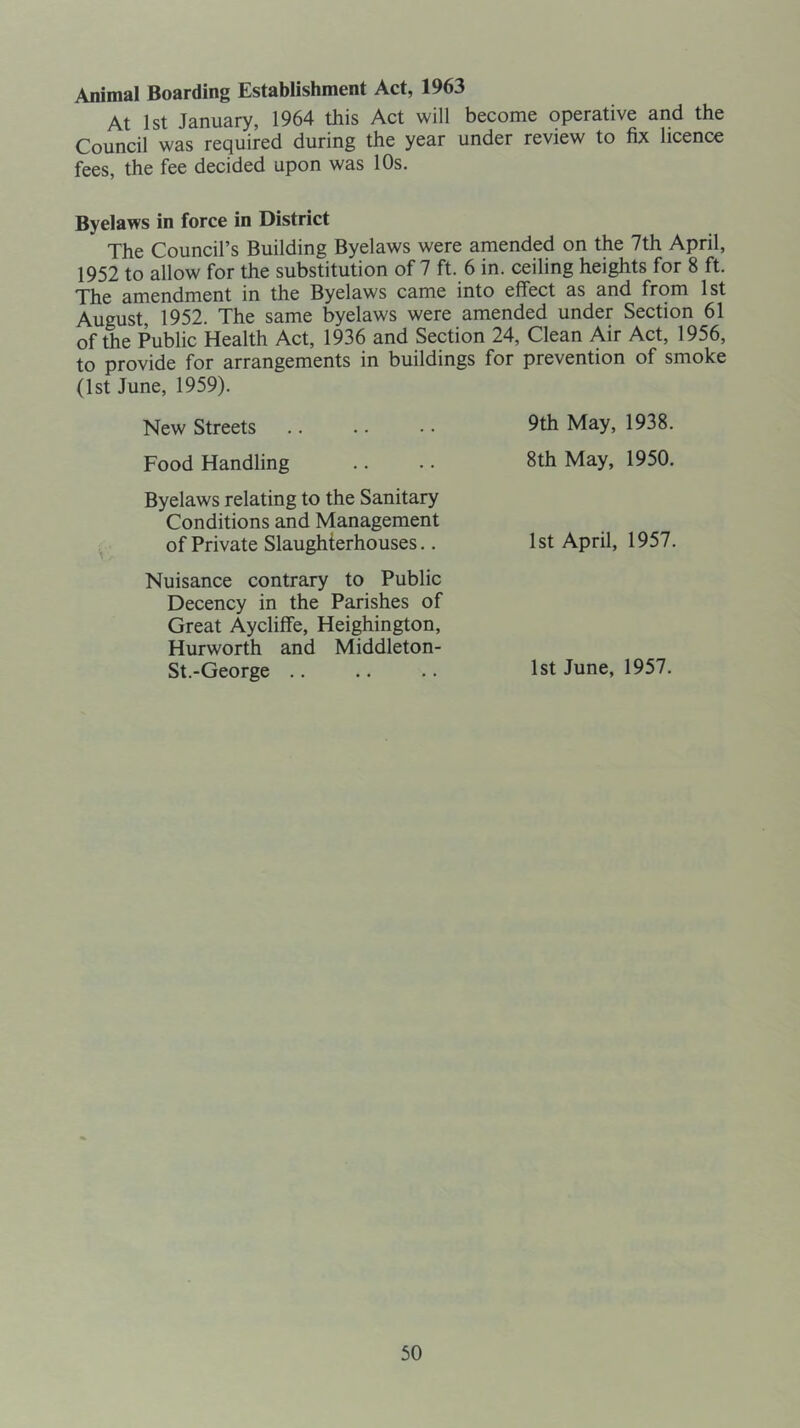 Animal Boarding Establishment Act, 1963 At 1st January, 1964 this Act will become operative and the Council was required during the year under review to fix licence fees, the fee decided upon was 10s. Byelaws in force in District The Council’s Building Byelaws were amended on the 7th April, 1952 to allow for the substitution of 7 ft. 6 in. ceiling heights for 8 ft. The amendment in the Byelaws came into effect as and from 1st August 1952. The same byelaws were amended under Section 61 of the Public Health Act, 1936 and Section 24, Clean Air Act, 1956, to provide for arrangements in buildings for prevention of smoke (1st June, 1959). New Streets .. .. • • 9th May, 1938. Food Handling .. .. 8th May, 1950. Byelaws relating to the Sanitary Conditions and Management of Private Slaughterhouses.. 1st April, 1957. Nuisance contrary to Public Decency in the Parishes of Great Aycliffe, Heighington, Hurworth and Middleton- St.-George 1st June, 1957.
