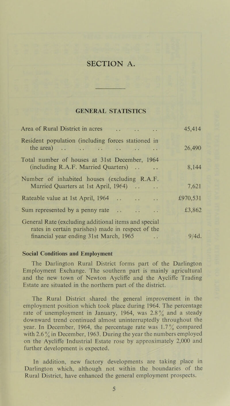 SECTION A. GENERAL STATISTICS Area of Rural District in acres .. .. .. 45,414 Resident population (including forces stationed in the area) .. .. .. .. .. .. 26,490 Total number of houses at 31st December, 1964 (including R.A.F. Married Quarters) .. .. 8,144 Number of inhabited houses (excluding R.A.F. Married Quarters at 1st April, 1964) .. .. 7,621 Rateable value at 1st April, 1964 .. .. .. £970,531 Sum represented by a penny rate .. .. .. £3,862 General Rate (excluding additional items and special rates in certain parishes) made in respect of the financial year ending 31st March, 1965 .. 9/4d. Social Conditions and Employment The Darlington Rural District forms part of the Darlington Employment Exchange. The southern part is mainly agricultural and the new town of Newton Aycliffe and the Aycliffe Trading Estate are situated in the northern part of the district. The Rural District shared the general improvement in the employment position which took place during 1964. The percentage rate of unemployment in January, 1964, was 2.8% and a steady downward trend continued almost uninterruptedly throughout the year. In December, 1964, the percentage rate was 1.7% compared with 2.6 % in December, 1963. During the year the numbers employed on the Aycliffe Industrial Estate rose by approximately 2,000 and further development is expected. In addition, new factory developments are taking place in Darlington which, although not within the boundaries of the Rural District, have enhanced the general employment prospects.