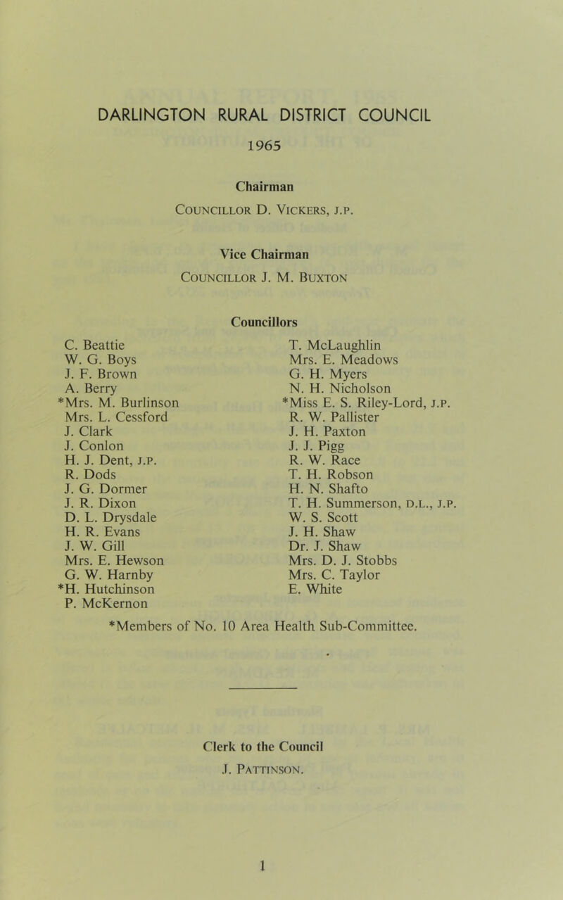 DARLINGTON RURAL DISTRICT COUNCIL 1965 Chairman Councillor D. Vickers, j.p. Vice Chairman Councillor J. M. Buxton Councillors C. Beattie W. G. Boys J. F. Brown A. Berry *Mrs. M. Burlinson Mrs. L. Cessford J. Clark J. Conlon H. J. Dent, j.p. R. Dods J. G. Dormer J. R. Dixon D. L. Drysdale H. R. Evans J. W. Gill Mrs. E. Hewson G. W. Harnby *H. Hutchinson P. McKernon *Members of No. 10 T. McLaughlin Mrs. E. Meadows G. H. Myers N. H. Nicholson *Miss E. S. Riley-Lord, j.p. R. W. Pallister J. H. Paxton J. J. Pigg R. W. Race T. H. Robson H. N. Shafto T. H. Summerson, d.l., j.p. W. S. Scott J. H. Shaw Dr. J. Shaw Mrs. D. J. Stobbs Mrs. C. Taylor E. White a Health Sub-Committee. Clerk to the Council .1. Pattinson.
